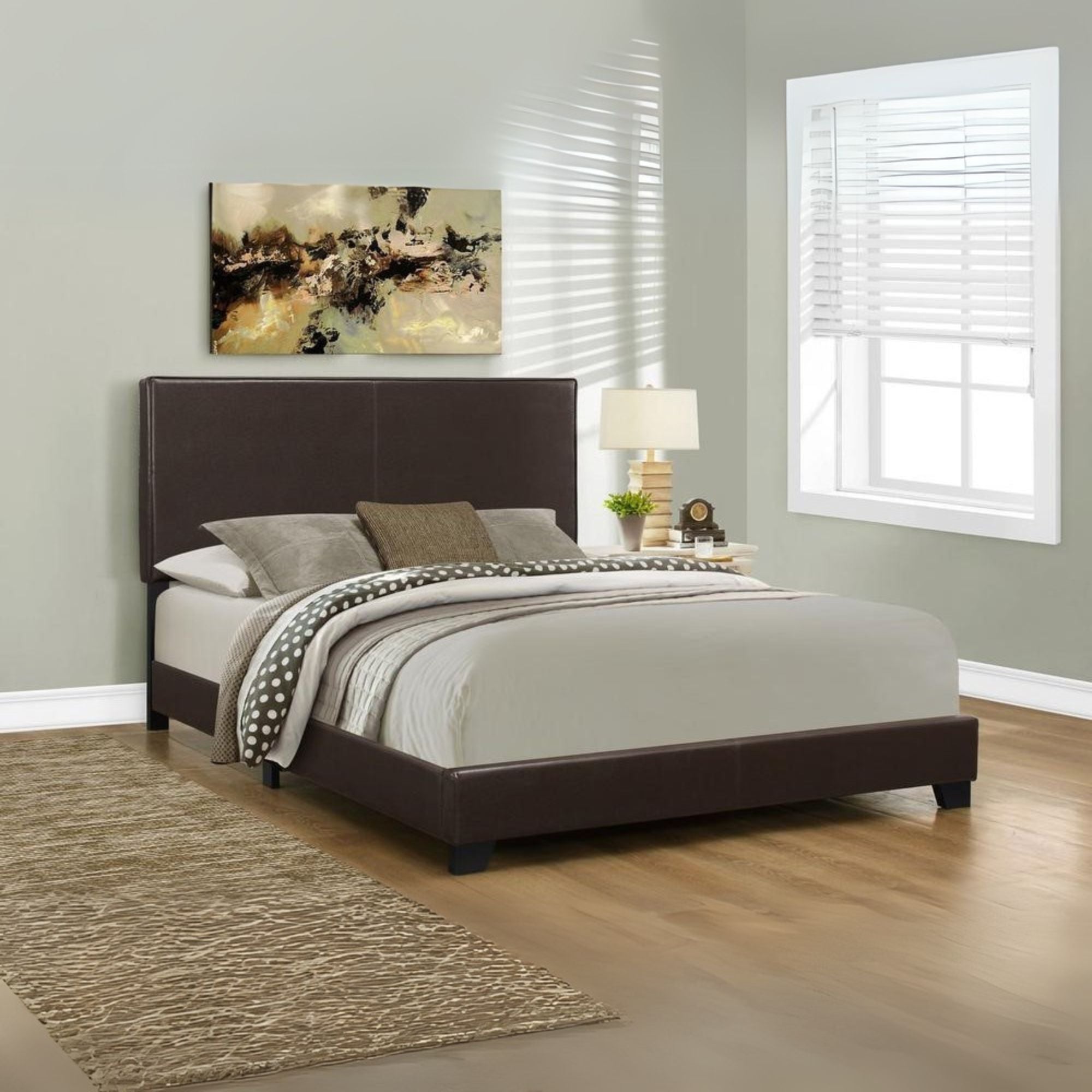 Willow Metro Collection Queen Bed Brown Leather-Look Upholstery – Padded Headboard, Chrome Finish