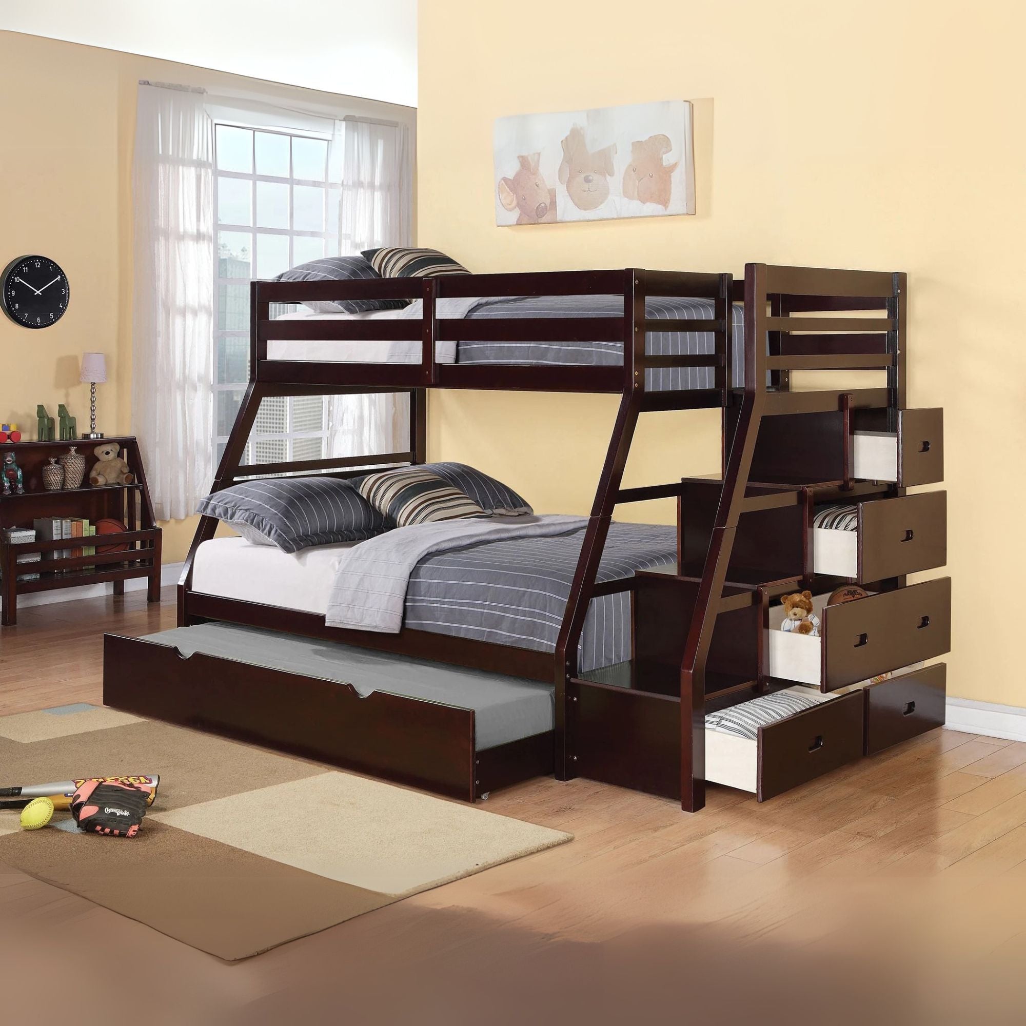 Sasha Jason Twin Over Full Wood Storage Bunk Bed Teenager with Trundle and Drawers