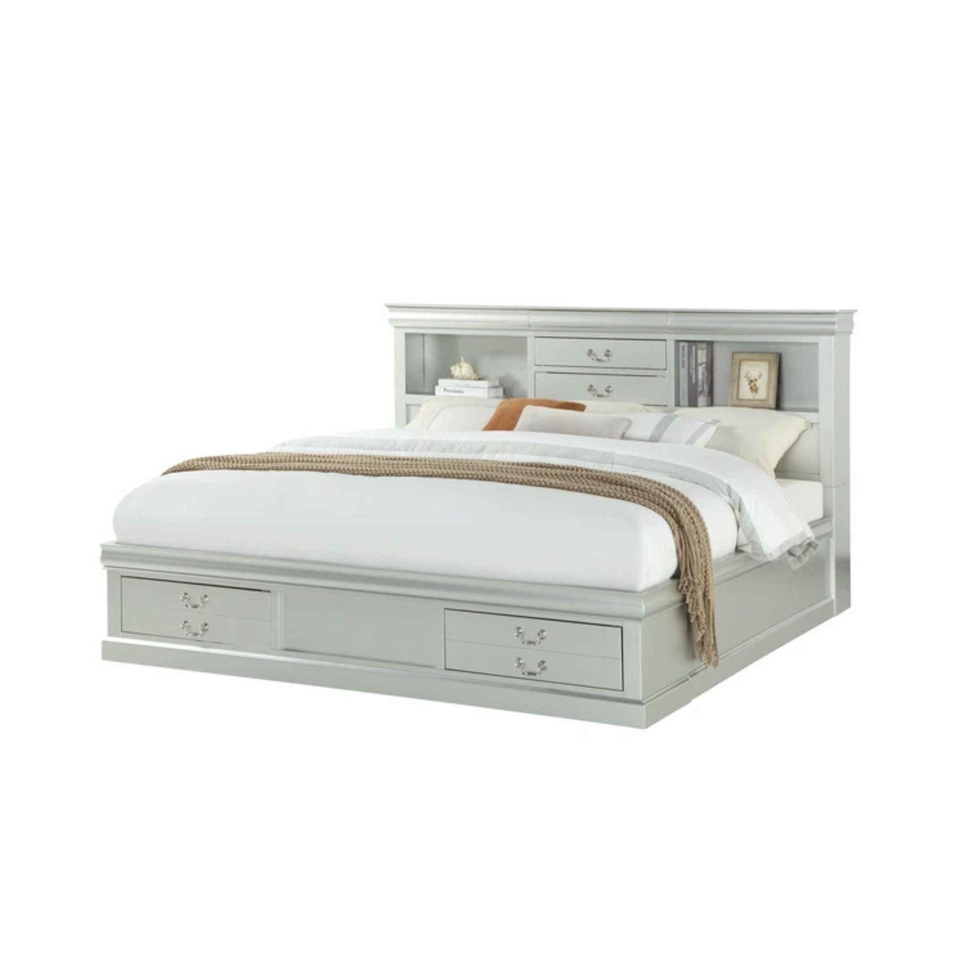 Anmol Louis Philippe III Queen Cherry Wood Bed – Traditional Sleigh Design with Storage Drawers