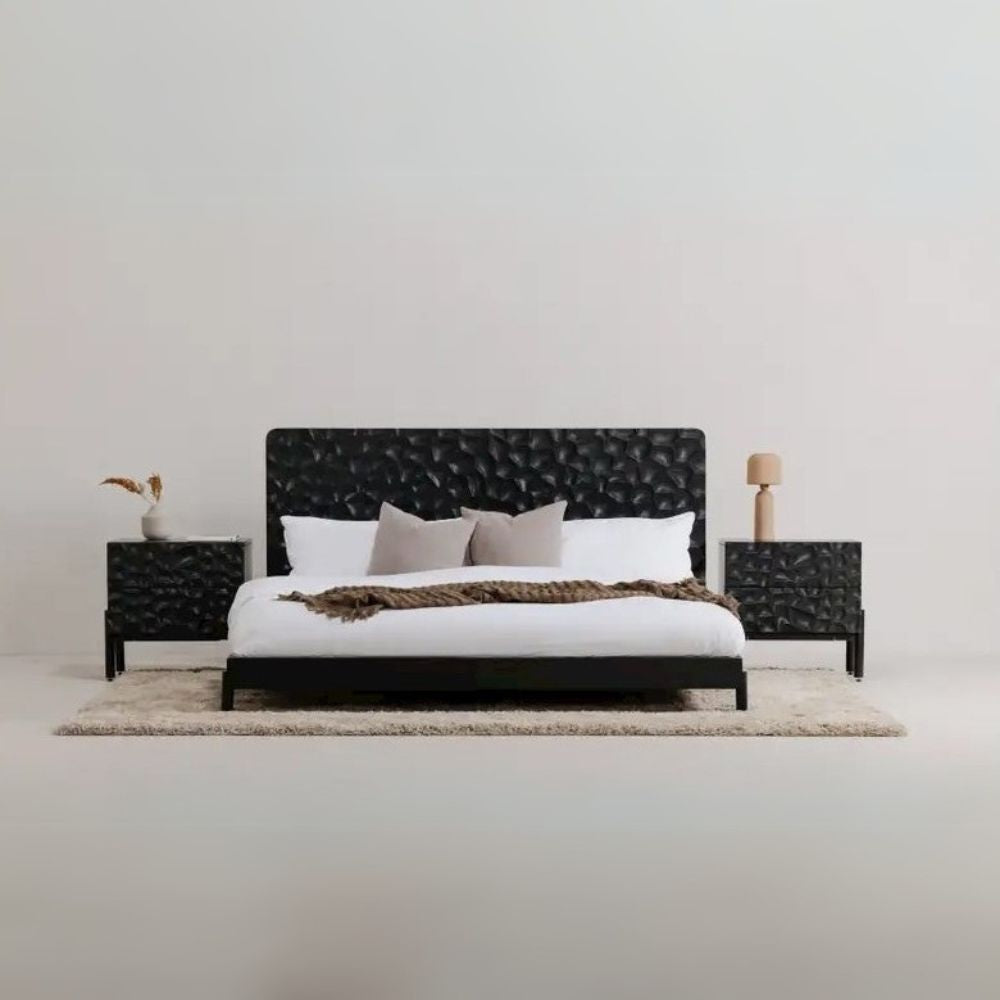 Okinawa Misaki Collection King Bed Black Faux Leather – Contemporary Low Profile Platform