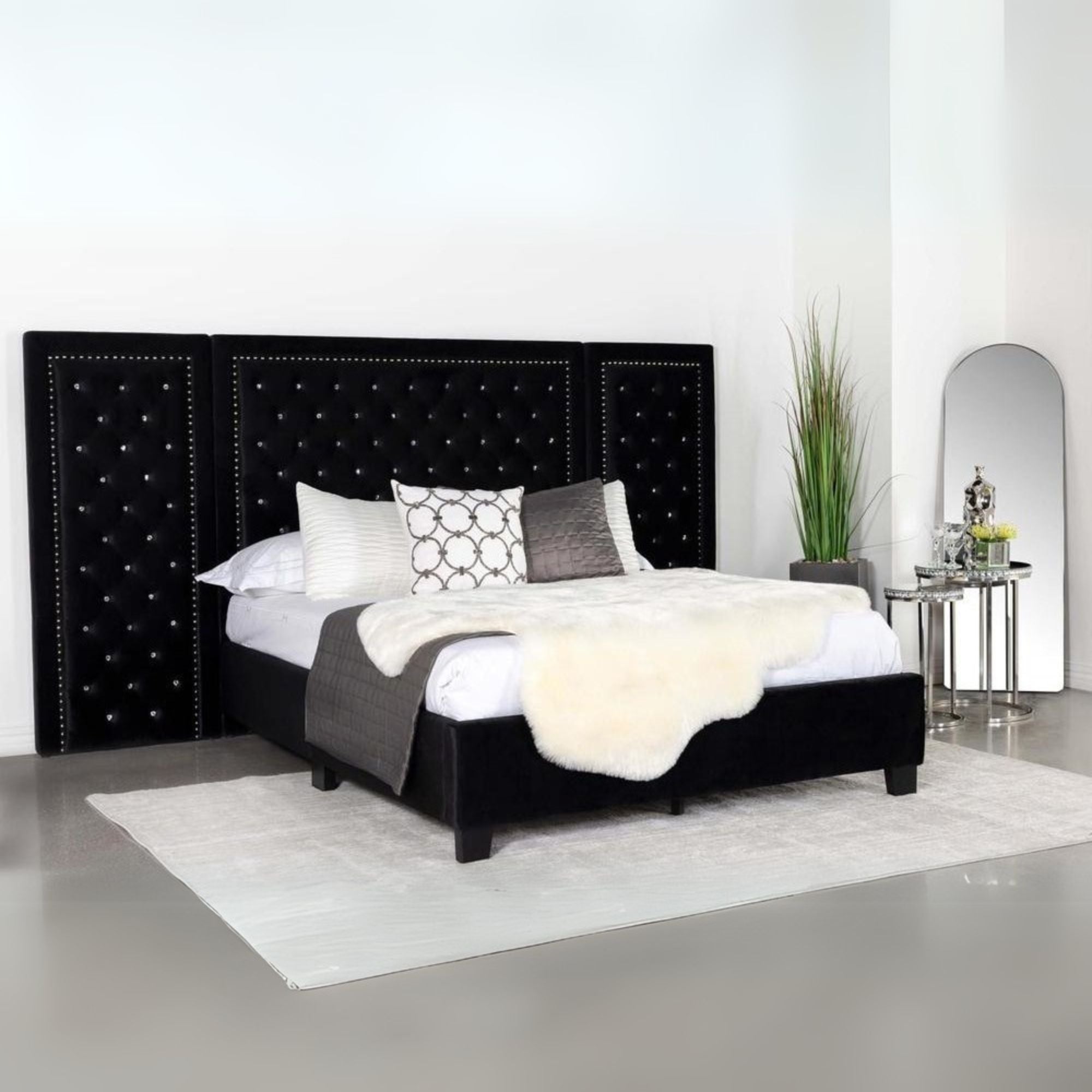 Sami Hailey California King Black Platform Bed – Velvet Upholstered with Nailhead Trim Wall Panel