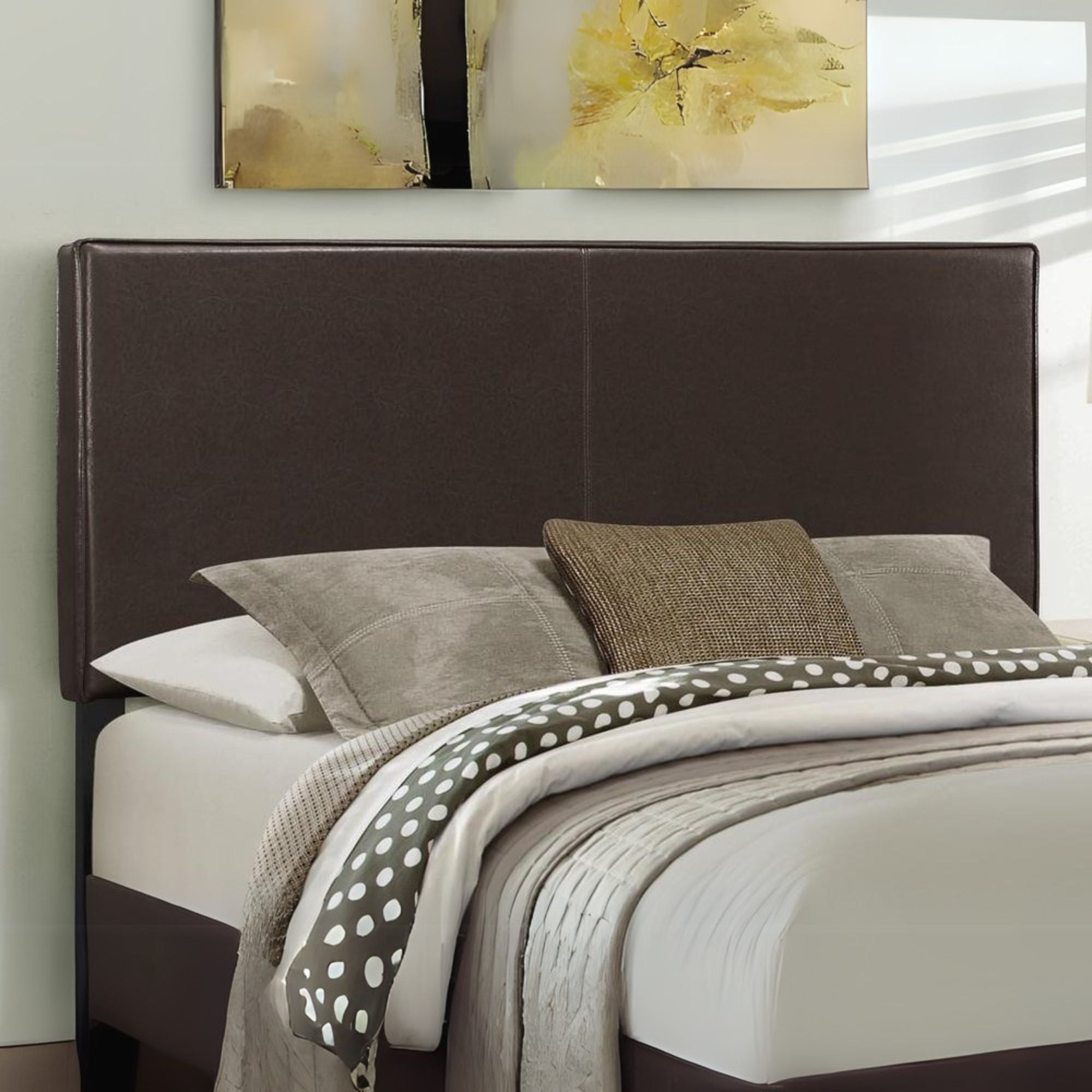 Willow Metro Collection Queen Bed Brown Leather-Look Upholstery – Padded Headboard, Chrome Finish