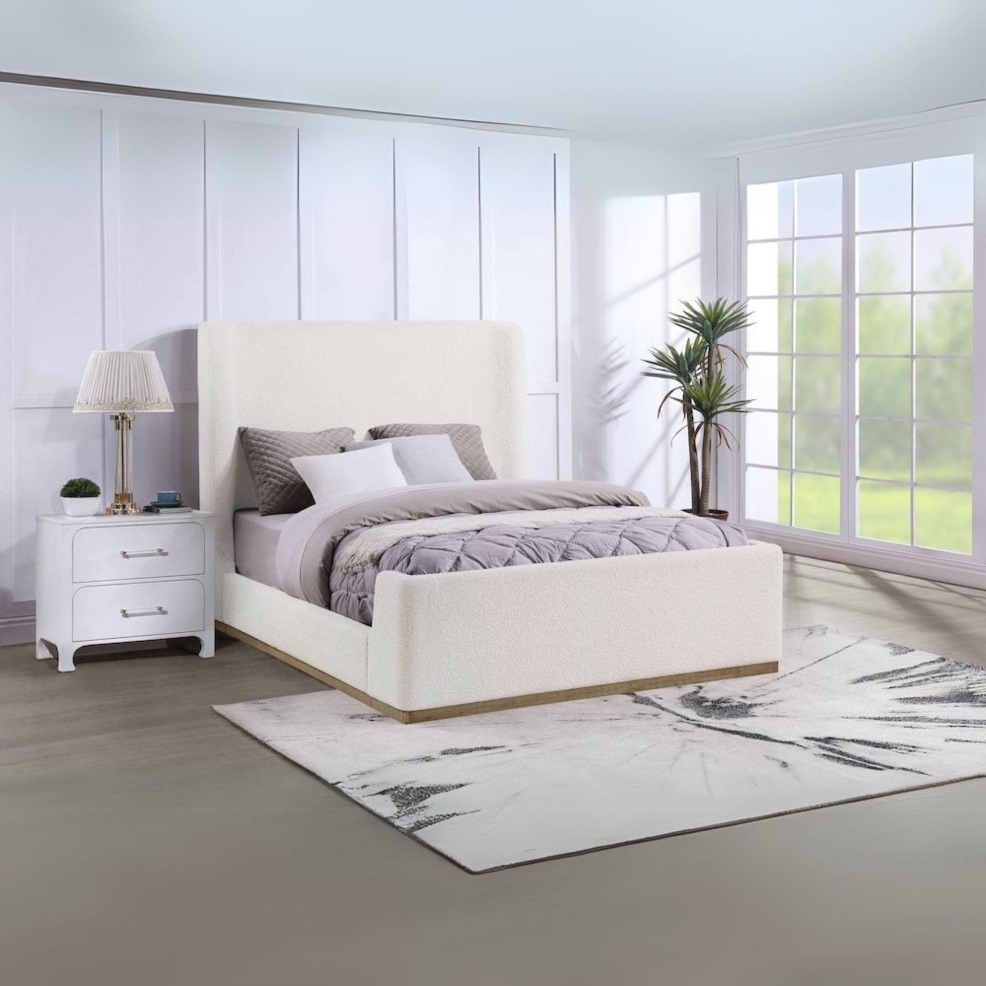David Nala Queen Cream Upholstered Sleigh Bed – Modern Wingback with Boucle Texture