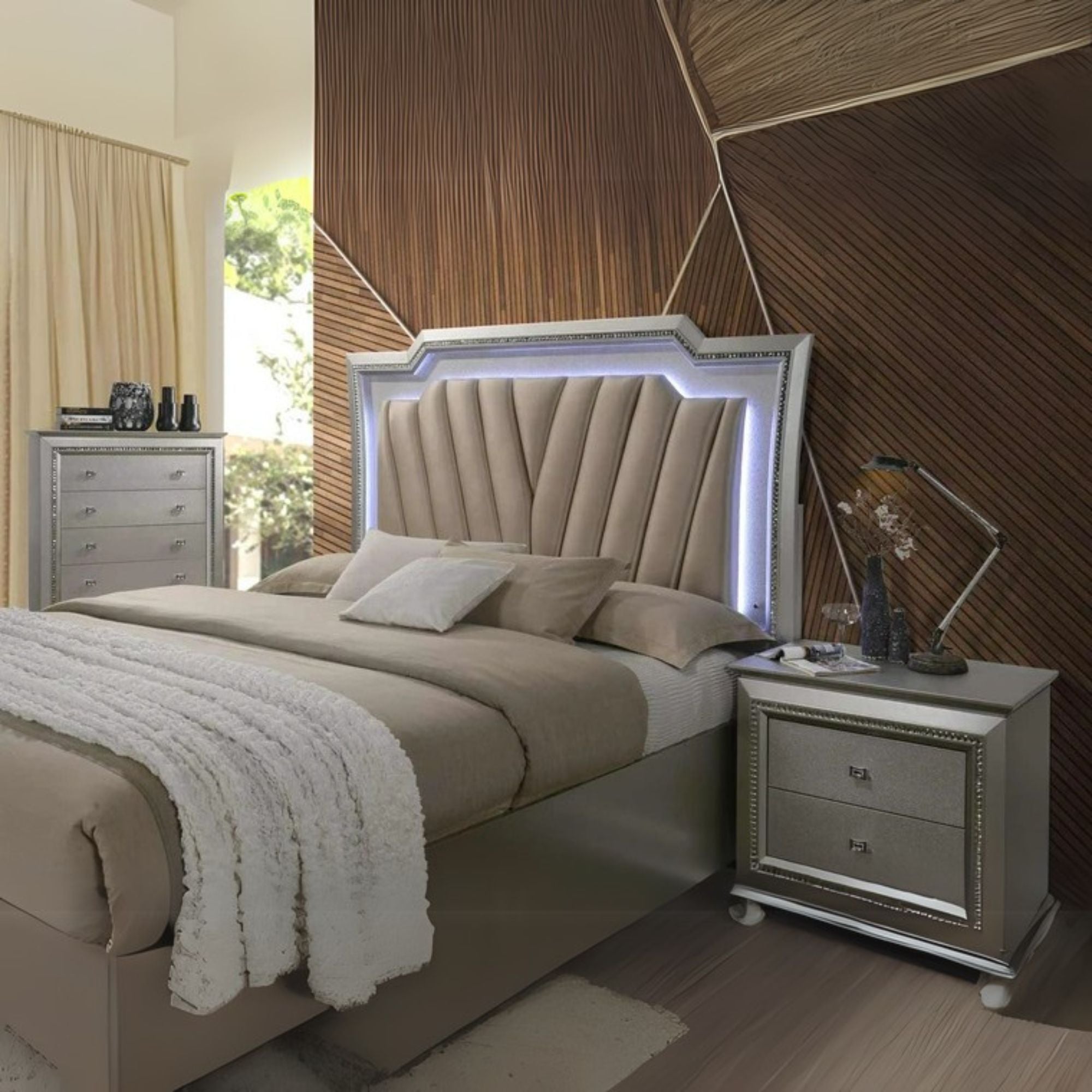 Robin Kaitlyn Queen Bed Champagne Faux Leather – LED & Storage Base