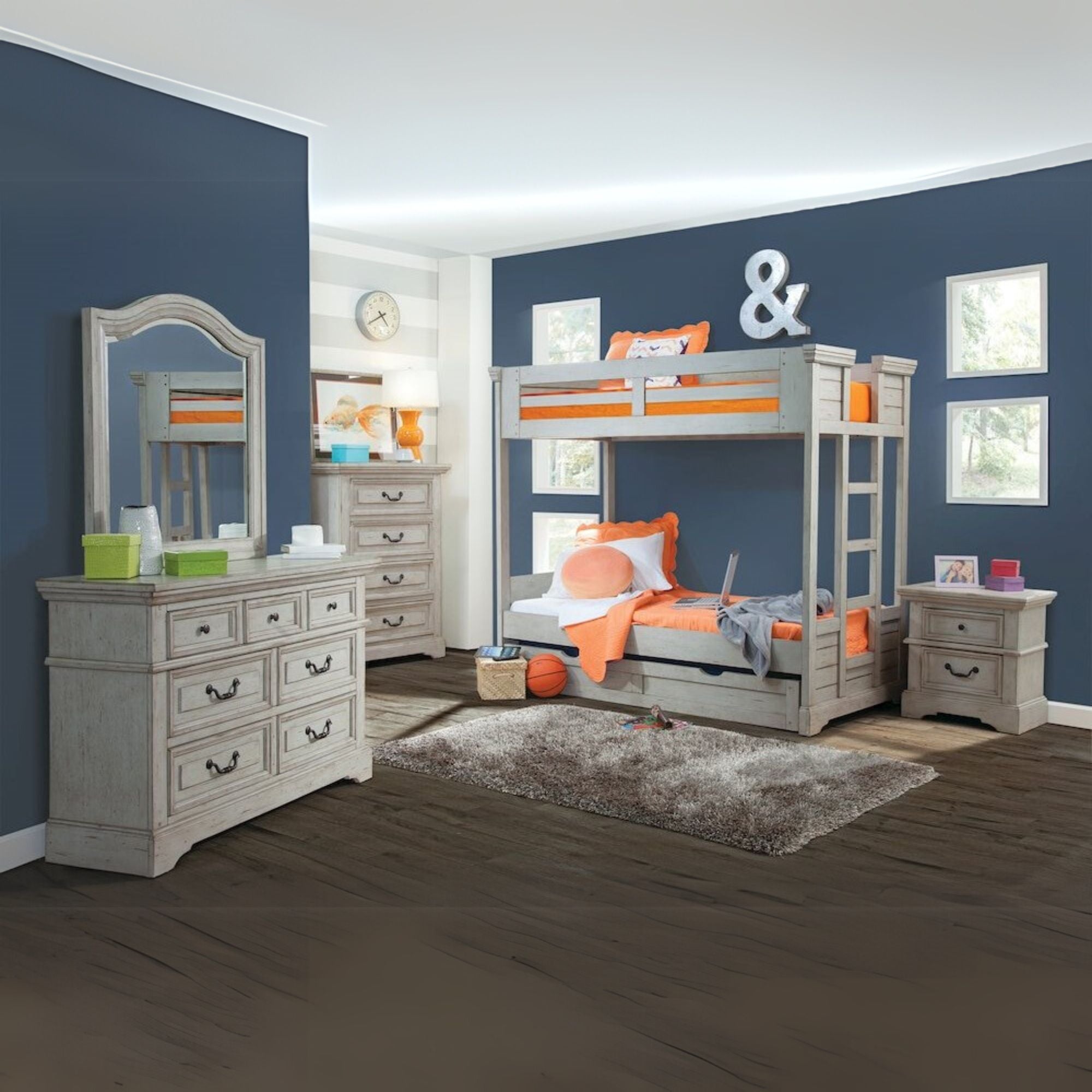 Kilvis Rustic Gray Twin Over Twin Bunk Bed with Trundle – Light Antique Finish, Wooden Frame