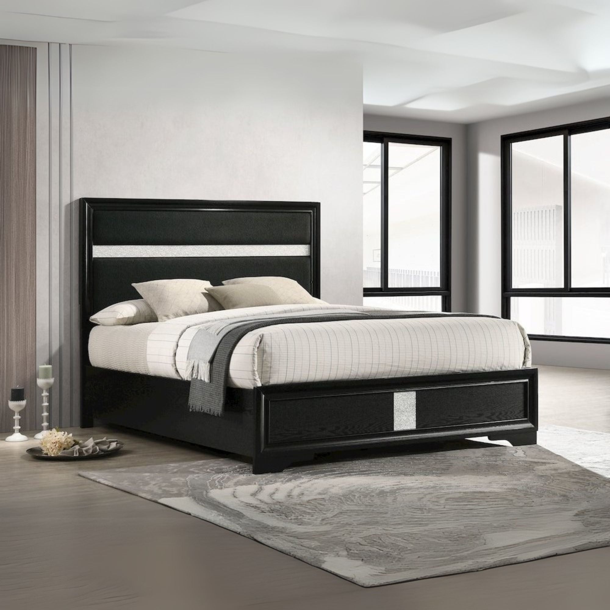 Alayna Miranda Queen Black Upholstered Panel Bed – Low Profile Modern with Diamond Accents