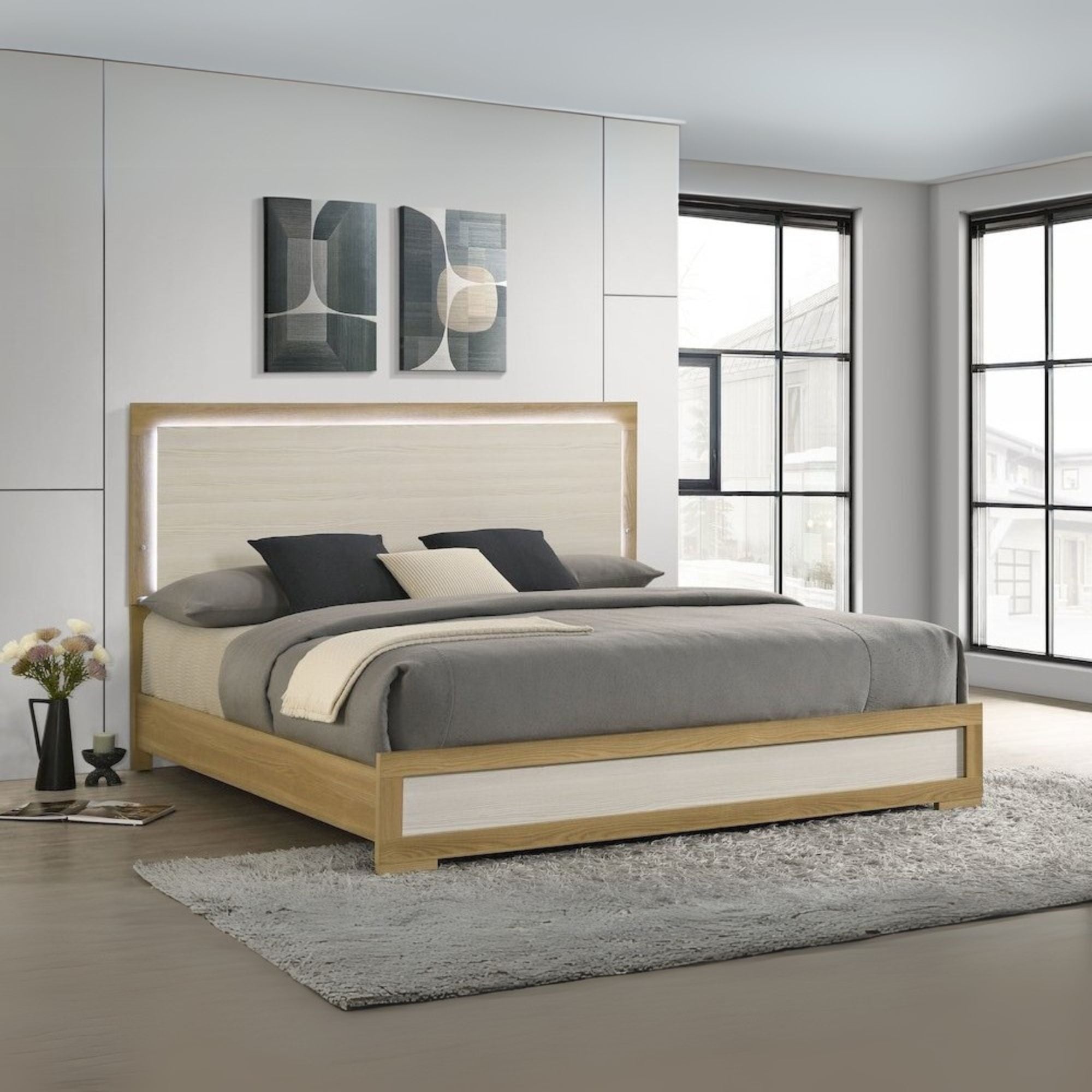 Karan Hyland Eastern King Natural Wood Panel Bed – Modern Italian Style LED Touch Lighting Headboard