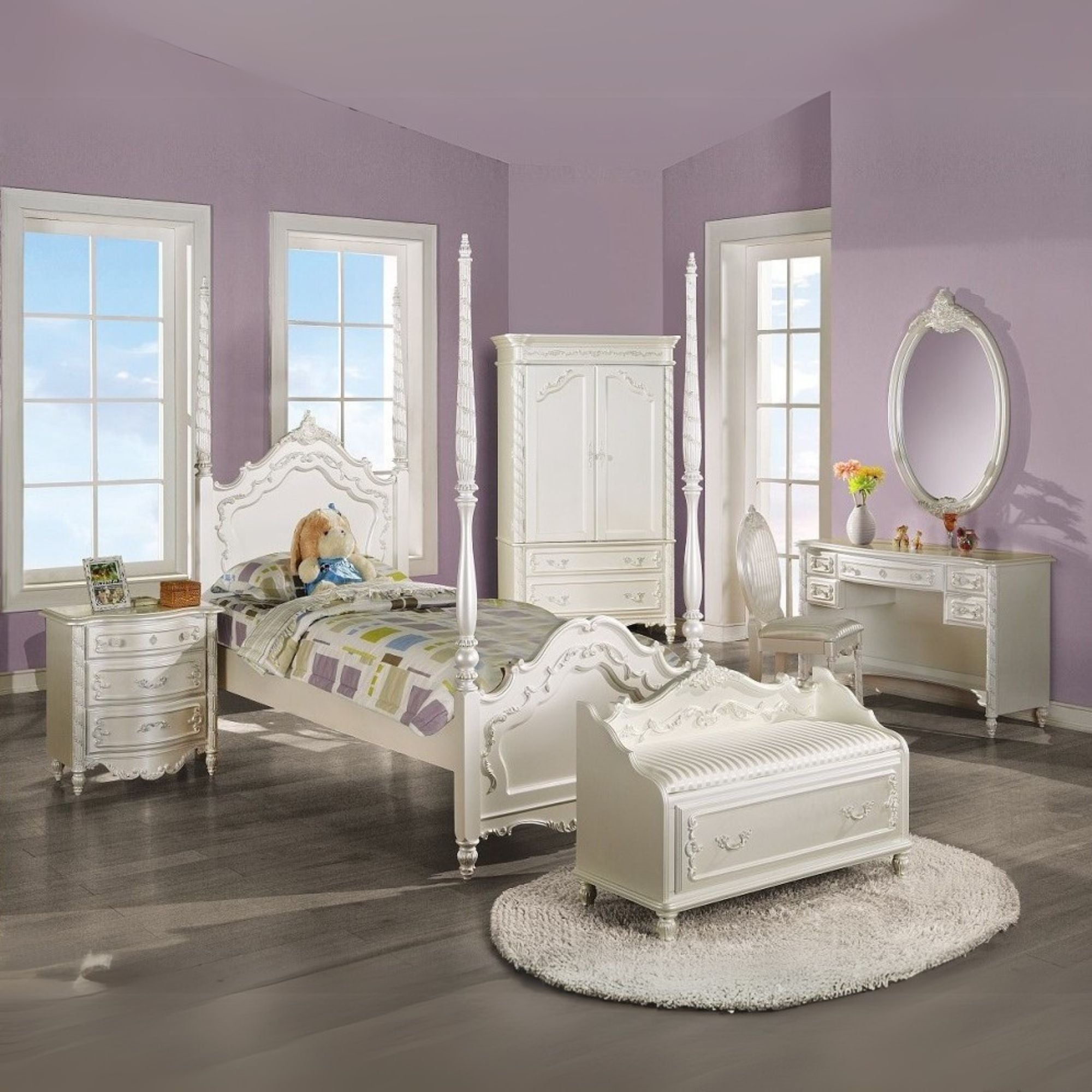 Bihari Pearl Collection Twin White Wood Poster Bed – Traditional Princess Lathe-Turned Posts