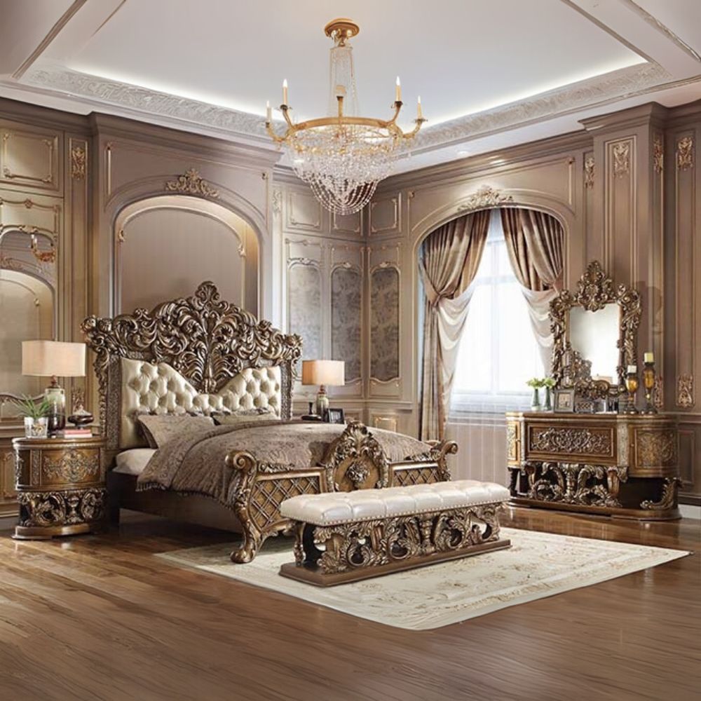 Baroque Constantine Eastern King Light Gold Leather Bed – Ornate Carved Style