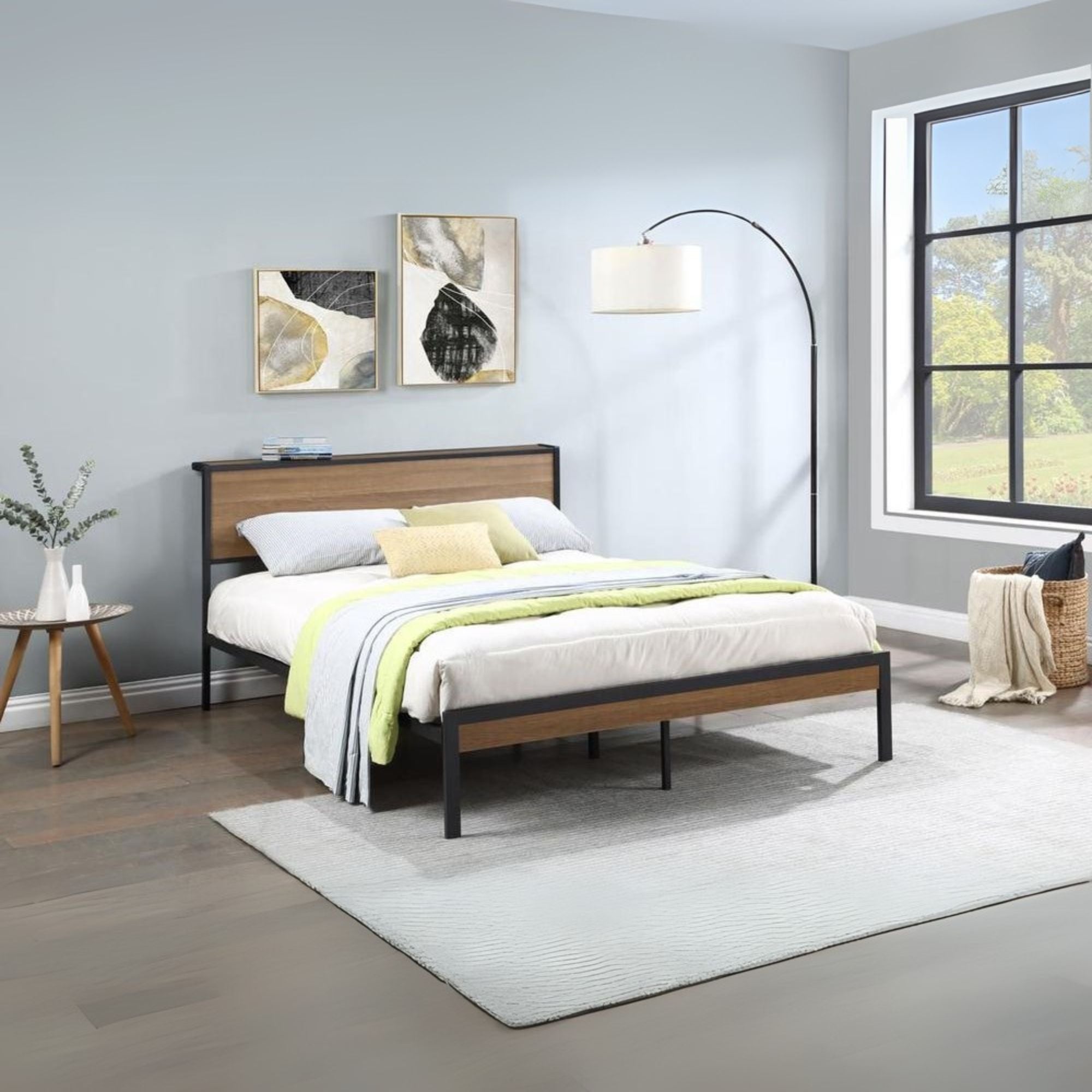 Bennett Ricky Full Light Oak Industrial Platform Bed – Vintage Metal Frame with MDF Headboard