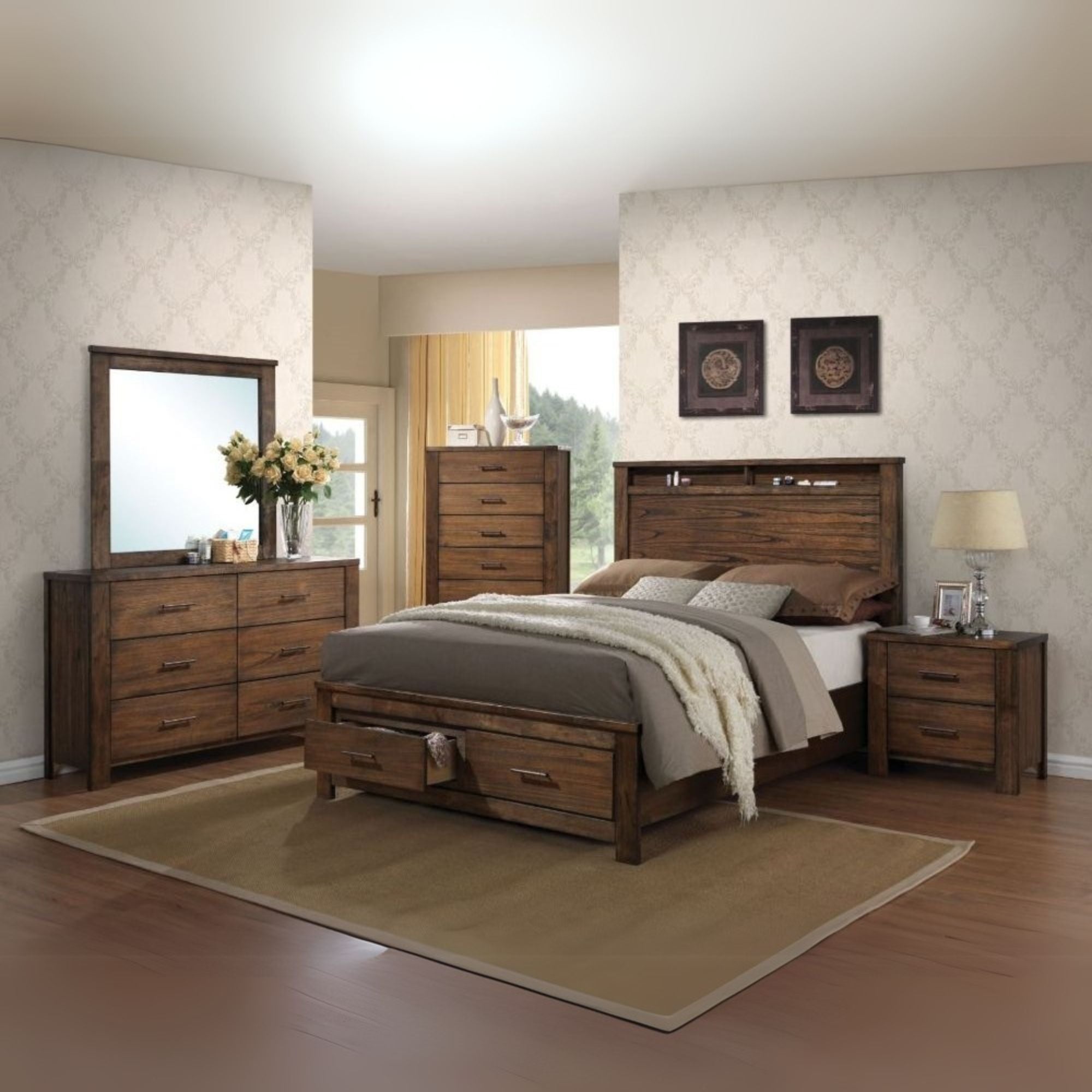 Sridama Merrilee Eastern King Brown Wooden Bed – Traditional Panel Design with Storage Drawers