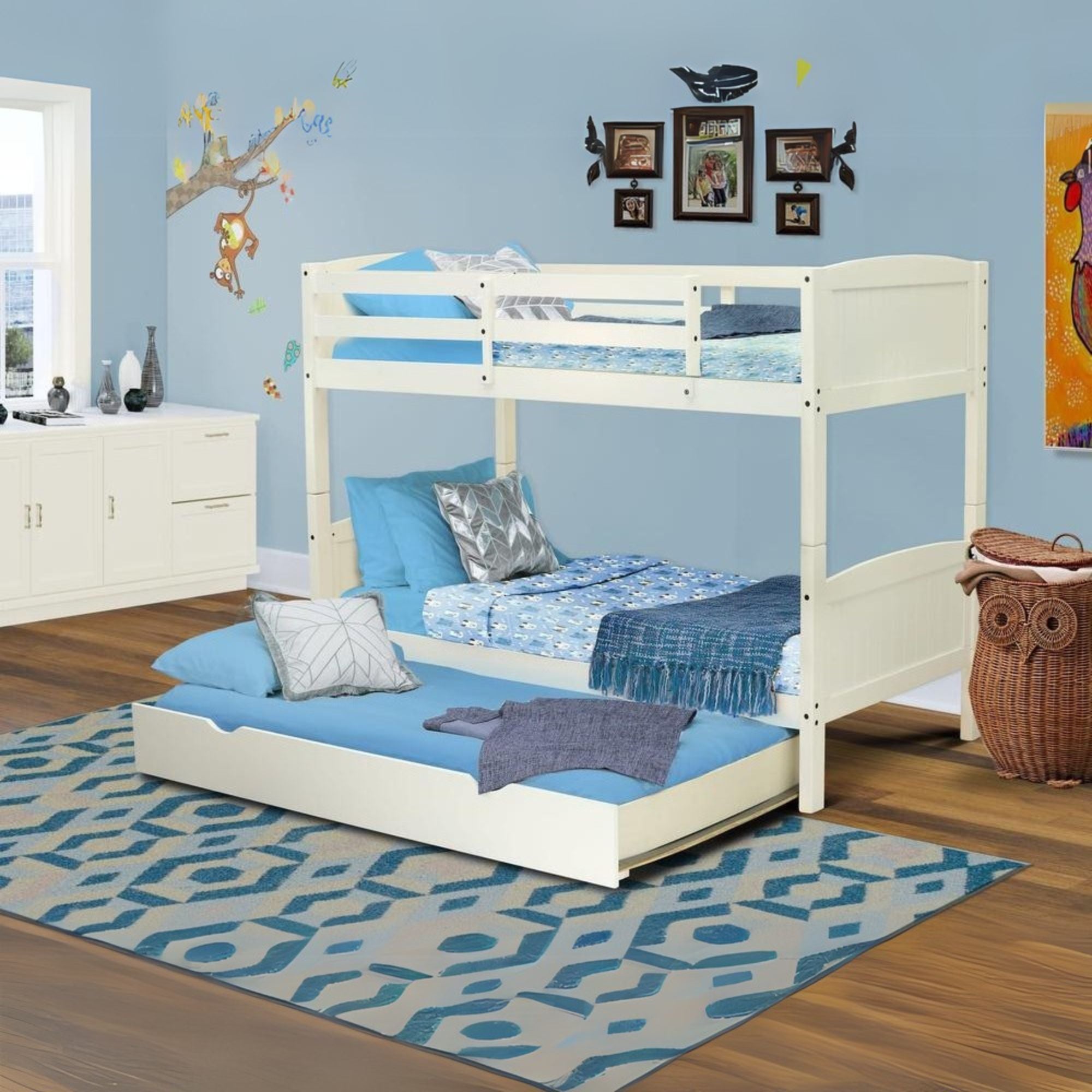 Xenith Albury Twin White Solid Wood Bunk Bed – Convertible with Trundle Drawer & Built-in Ladder