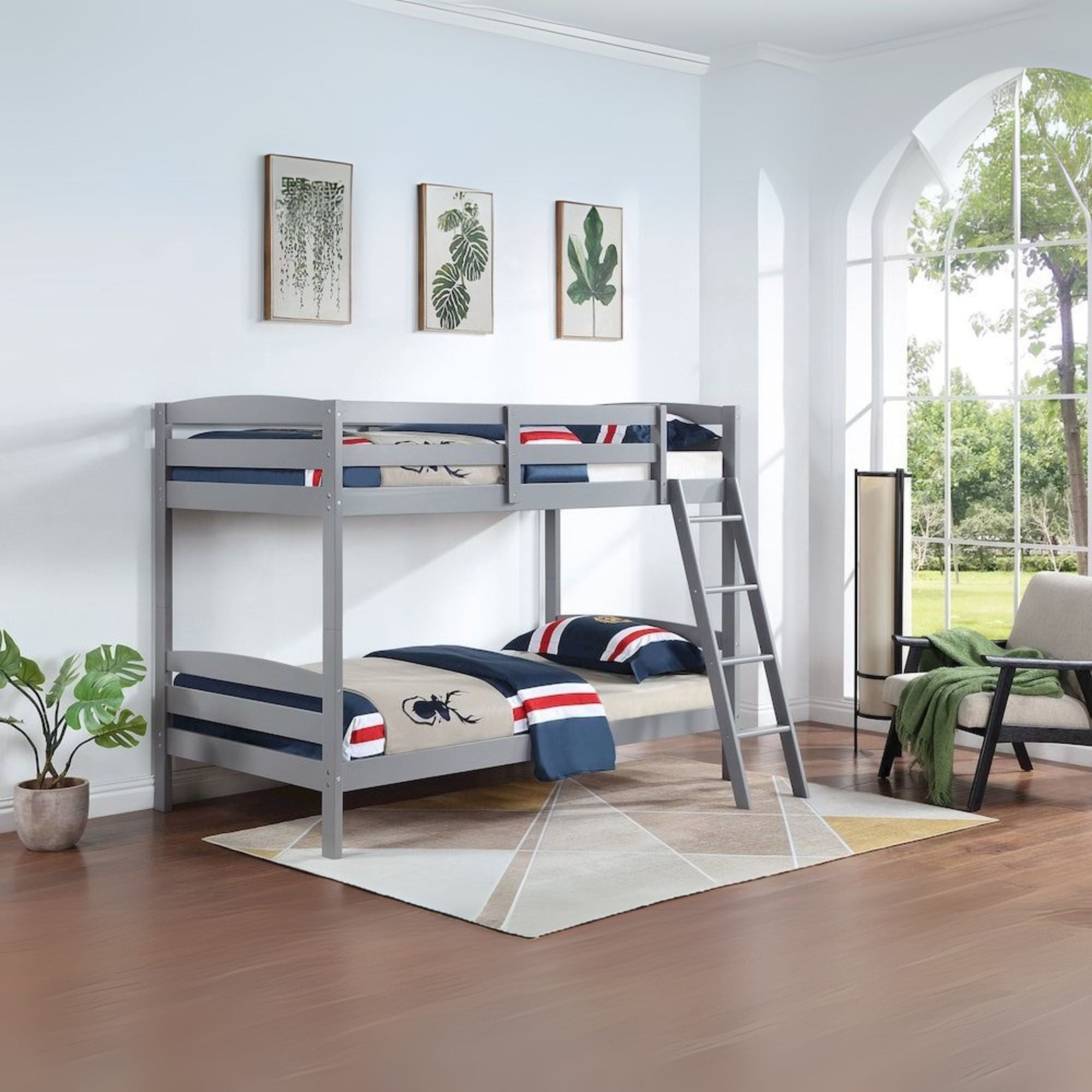 Elena Rhea Modern Grey Wood Twin Over Twin Bunk Bed - Slatted Design Kids Furniture with Safety Rails