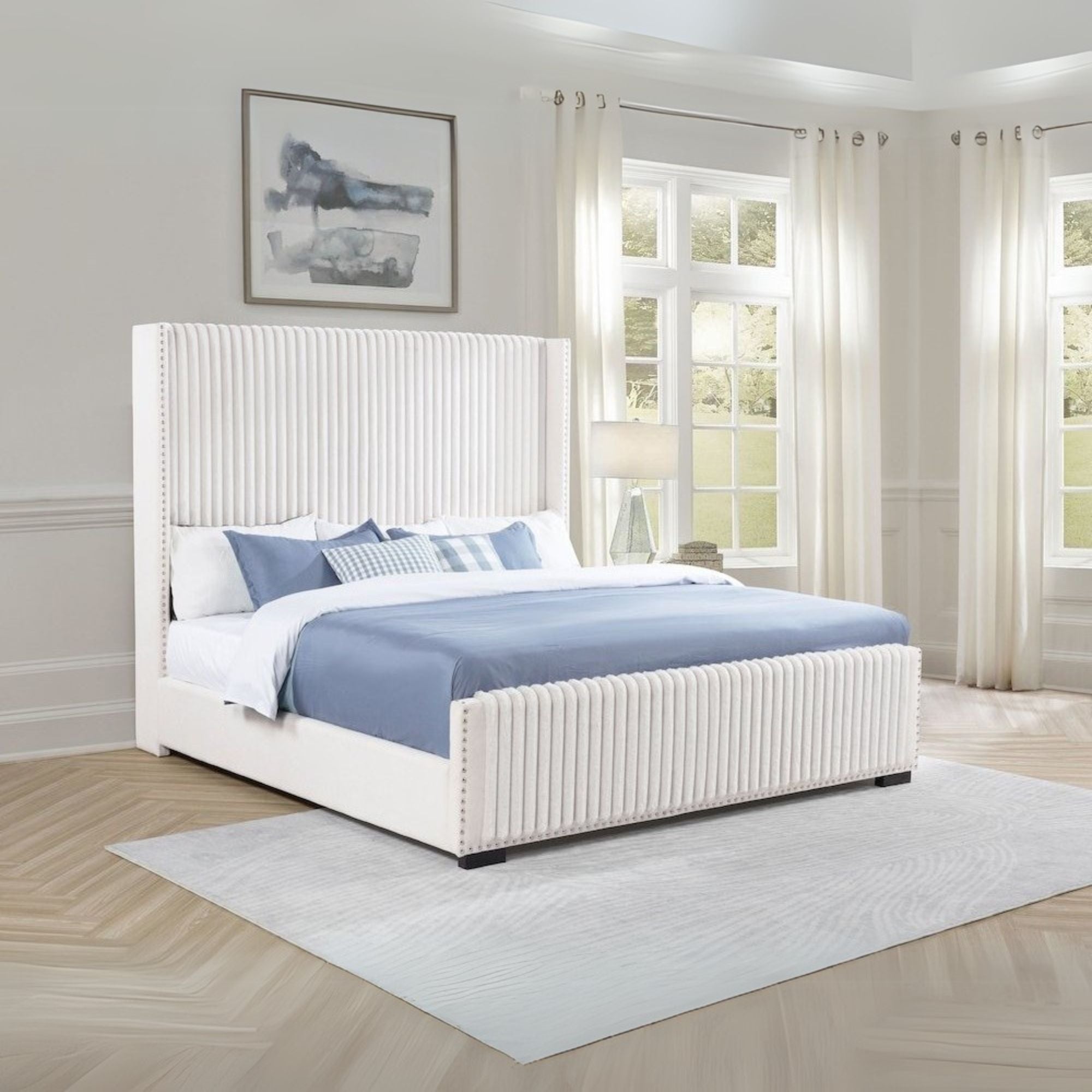 Mars Natasha Collection Eastern King Cream Upholstered Wingback Bed – Traditional Style with Tufted Headboard