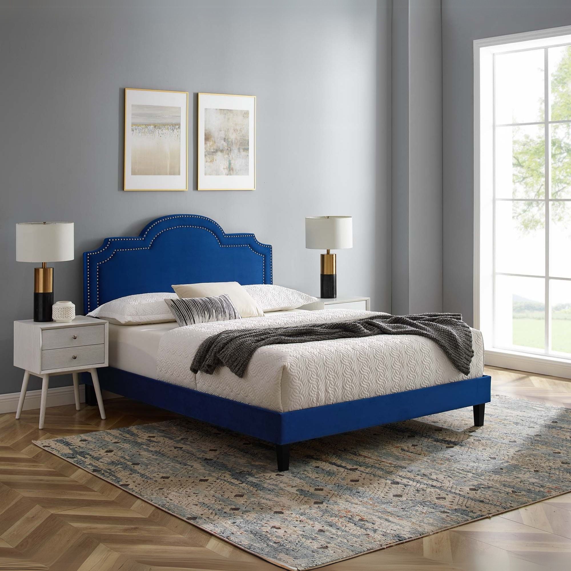Rhyder Navy Twin Upholstered Platform Bed – Stain-Resistant Velvet with Nailhead Detail