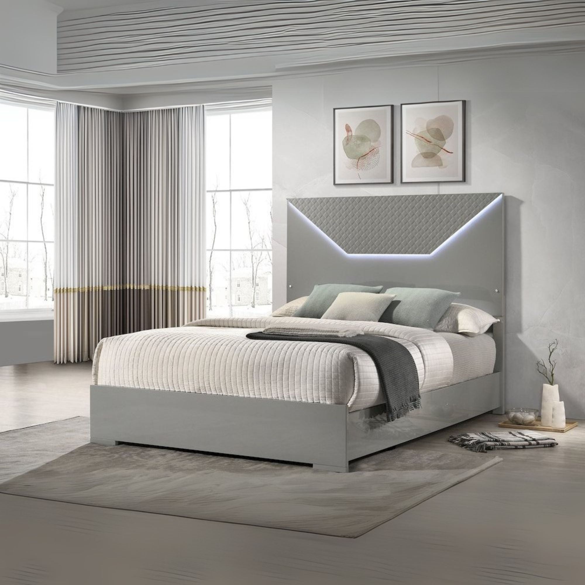 Lee Ives Queen Panel Bed LED Headboard – Grey High Gloss Contemporary Design with 3D Diamond Emboss