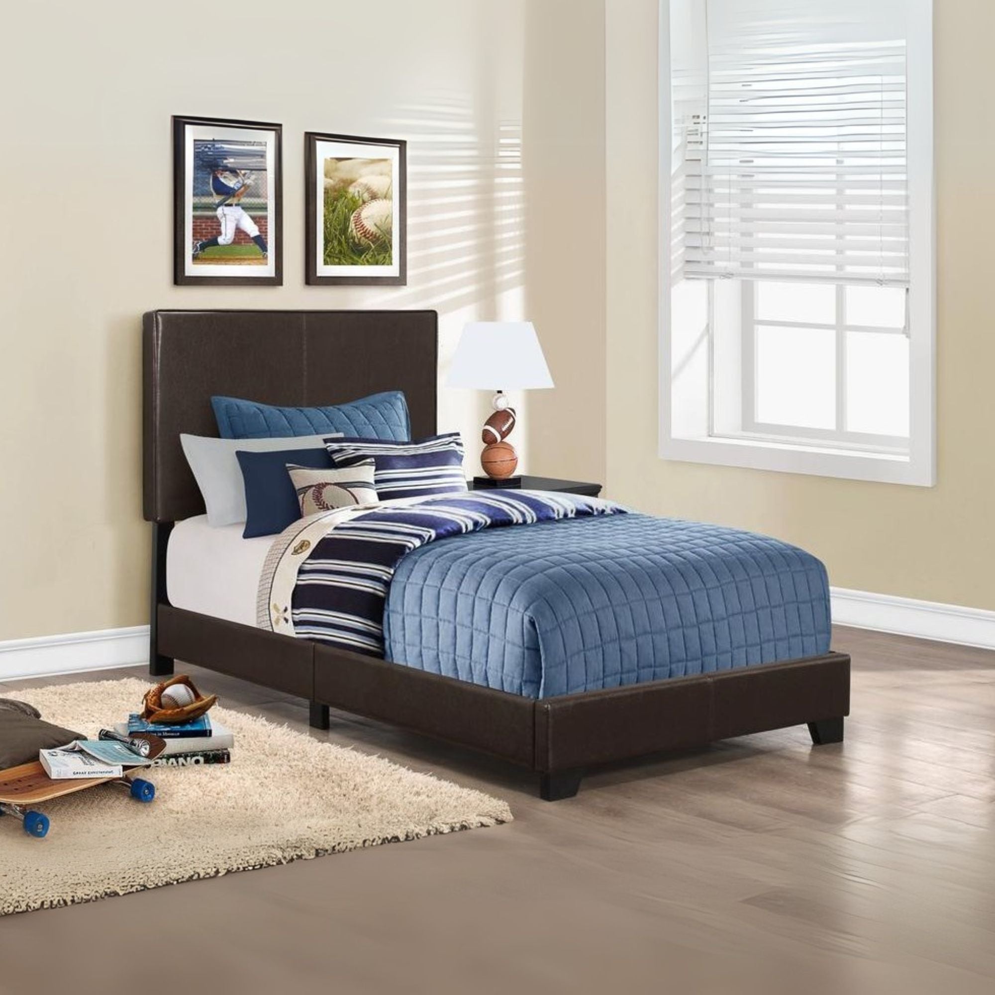 Summit Dakota Twin Brown Leather-Look Upholstered Bed – Transitional Design with Stitched Headboard