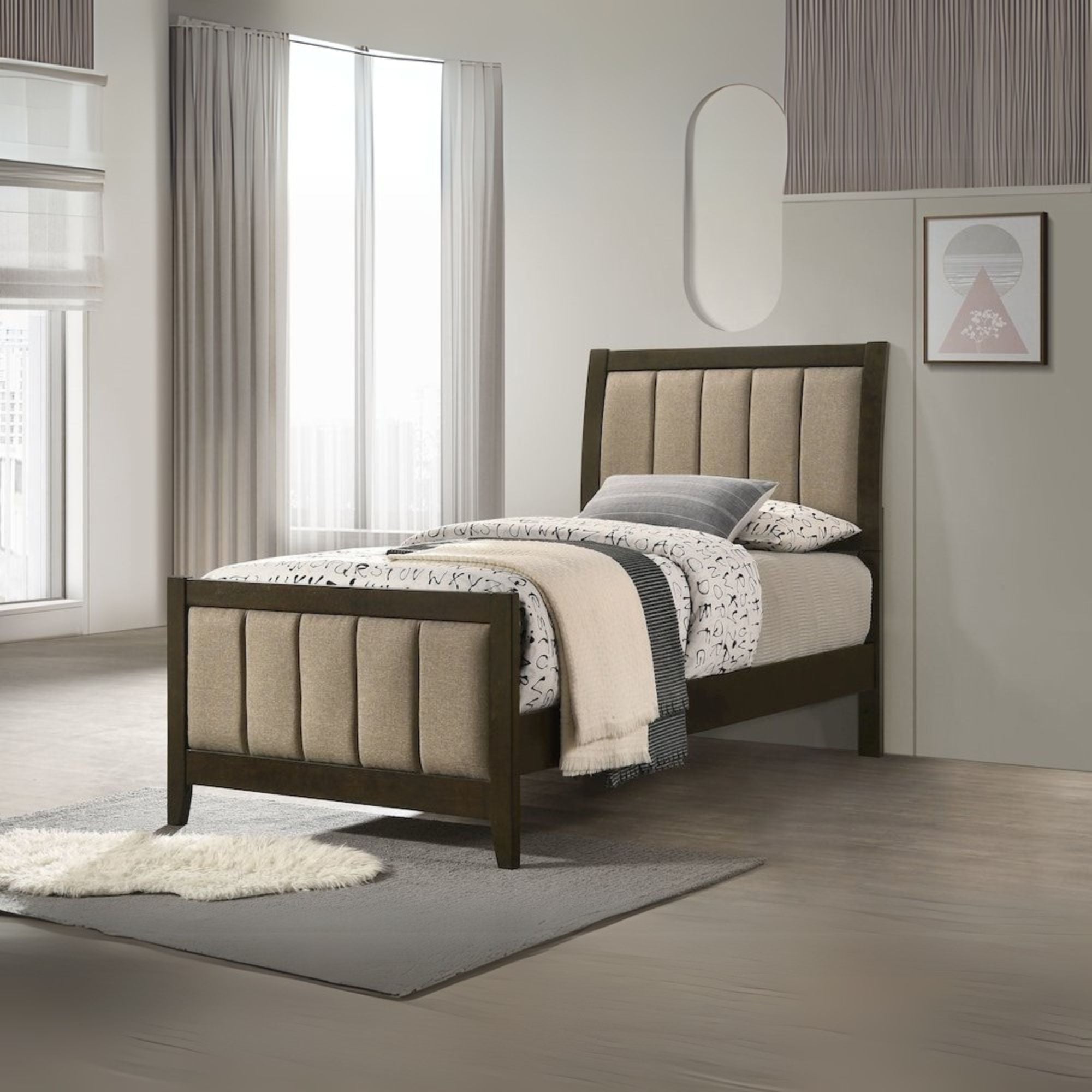 Mark Wilkes Twin Dark Cocoa Upholstered Bed – Modern Panel Design