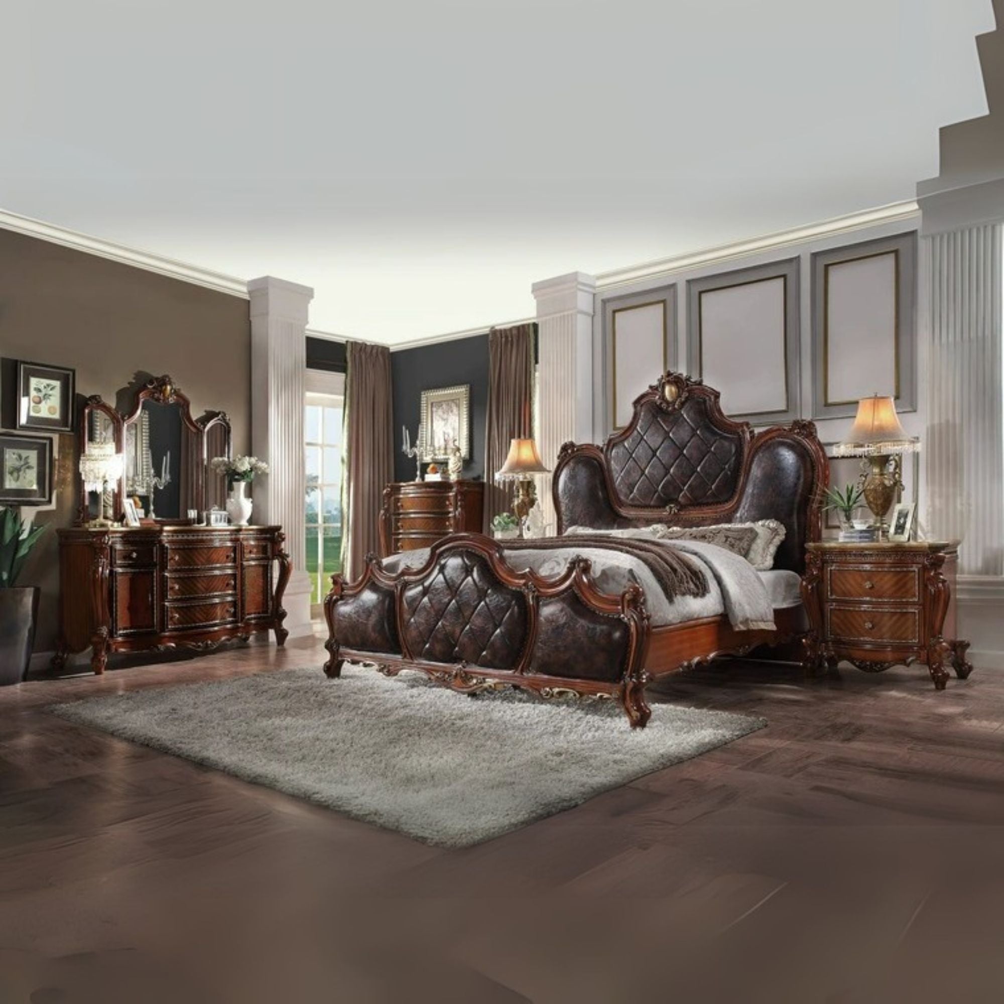 Naval Picardy Queen Honey Oak Synthetic Leather Panel Bed – Vintage Traditional Tufted Upholstered Headboard