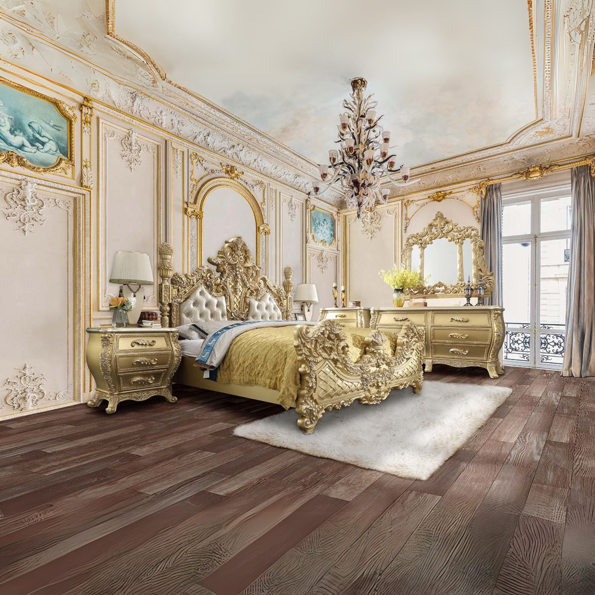 Silvi Cabriole Eastern King Gold Finish Synthetic Leather Bed – Classic Baroque Design with High Headboard