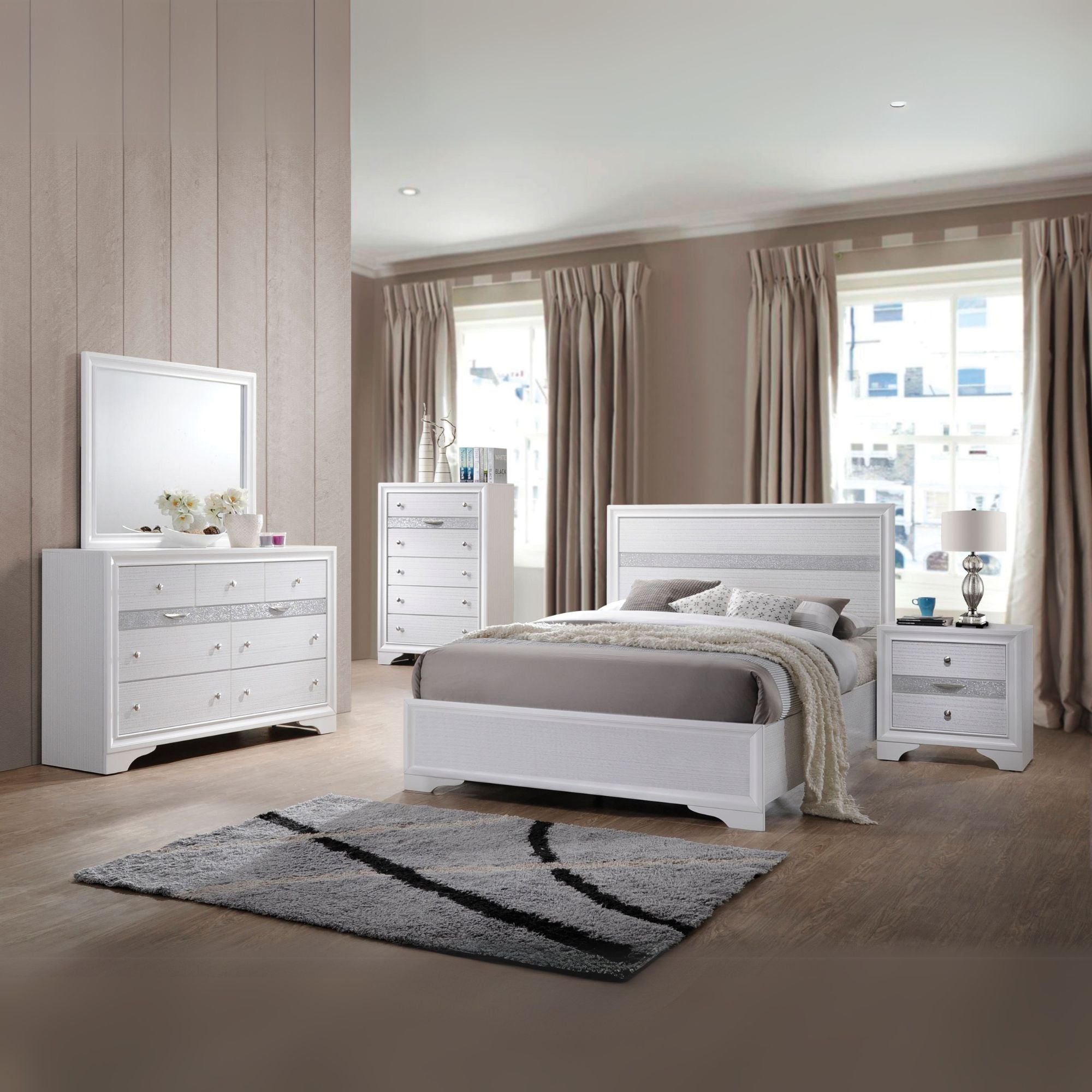 Savoy Naima Collection Twin White Bed – Contemporary Wood Frame with Chrome Trim