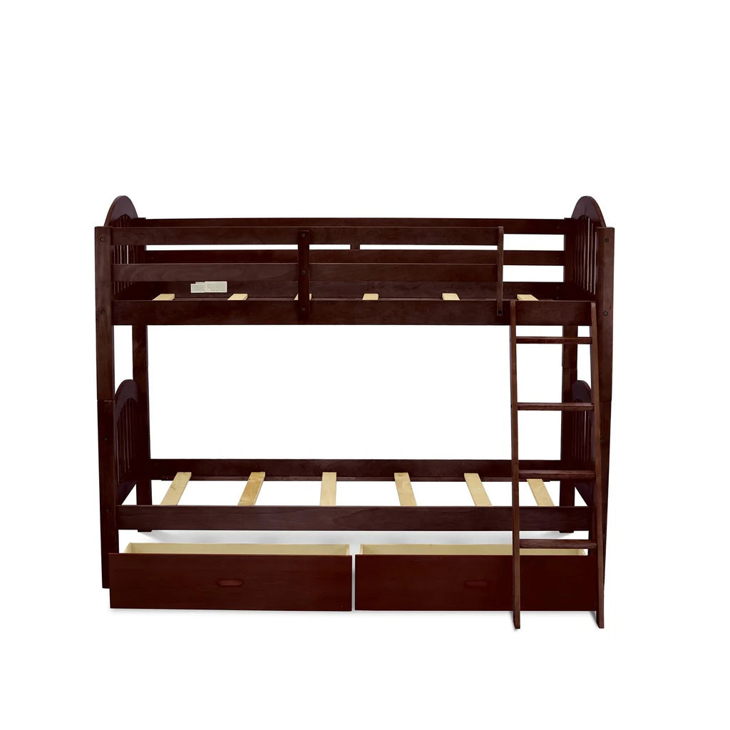 Zephyr Verona Twin over Twin Java Wood Bunk Bed – Staircase Design with Under Bed Drawers