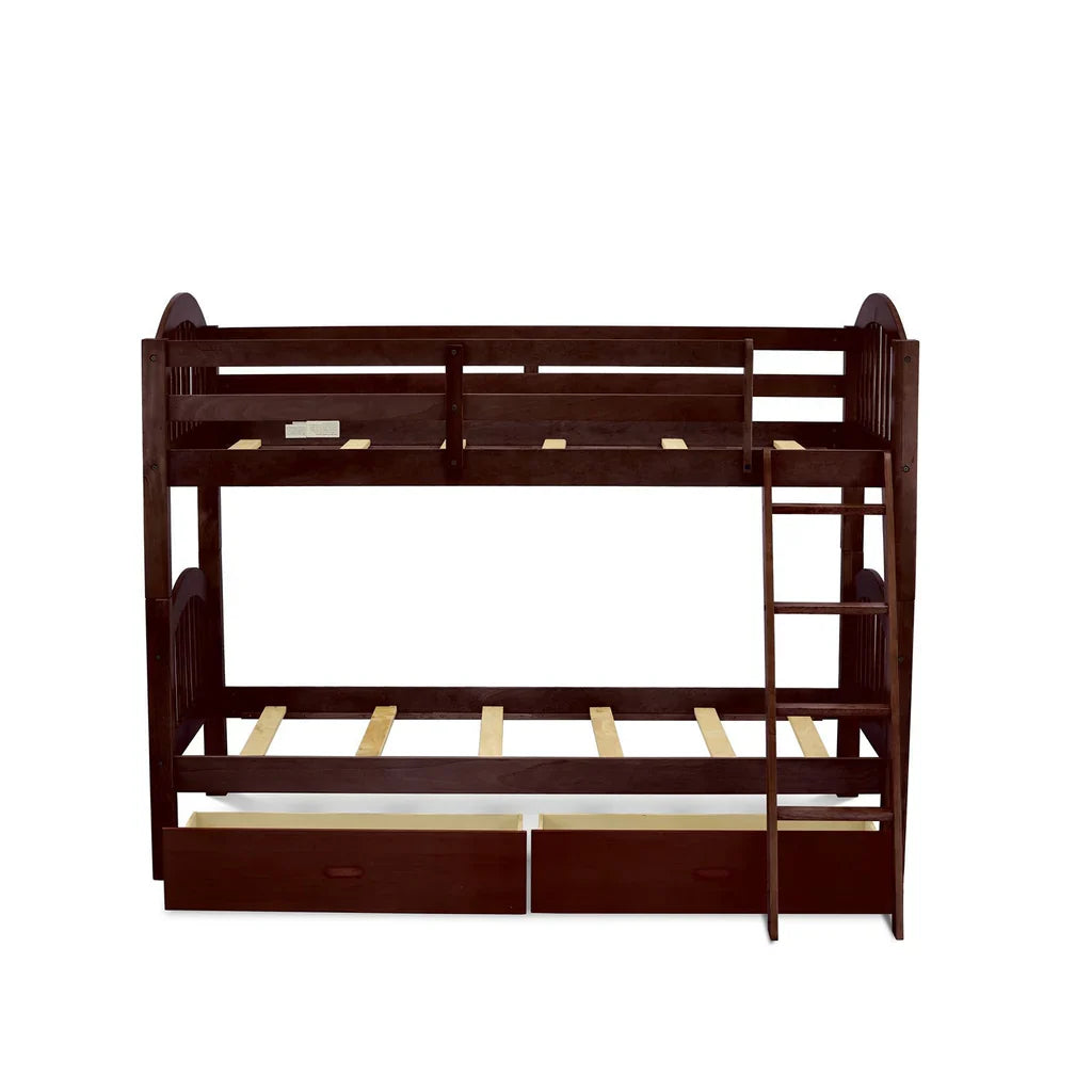 Zephyr Verona Twin over Twin Java Wood Bunk Bed Staircase Design with Under Bed Drawers