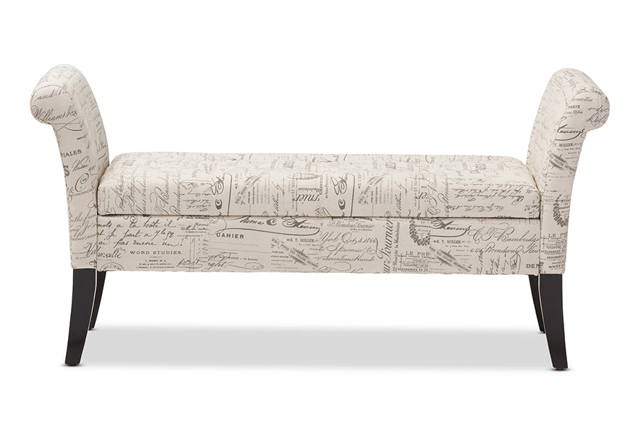 Avignon Script-Patterned French Laundry Fabric Storage Ottoman Bench