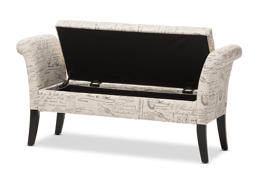 Avignon Script-Patterned French Laundry Fabric Storage Ottoman Bench