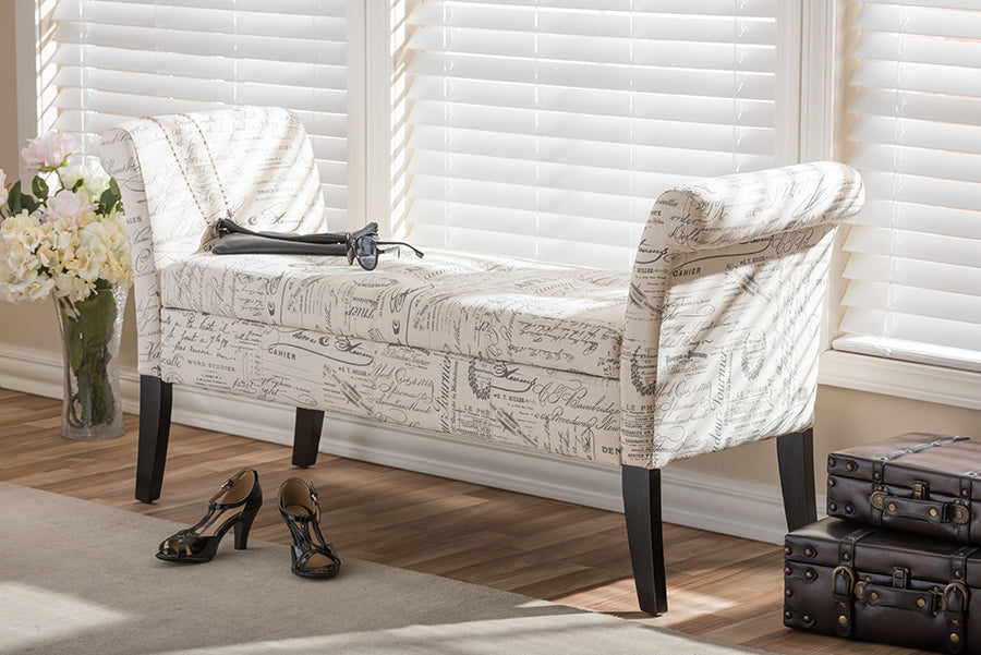 Avignon Script-Patterned French Laundry Fabric Storage Ottoman Bench