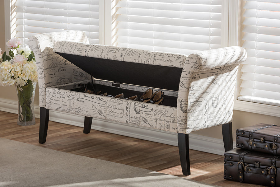 Avignon Script-Patterned French Laundry Fabric Storage Ottoman Bench