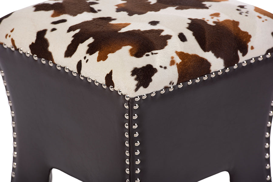 Sally Modern and Contemporary Cow-print Patterned Fabric Brown Faux Leather Upholstered Accent Stool with Nail heads