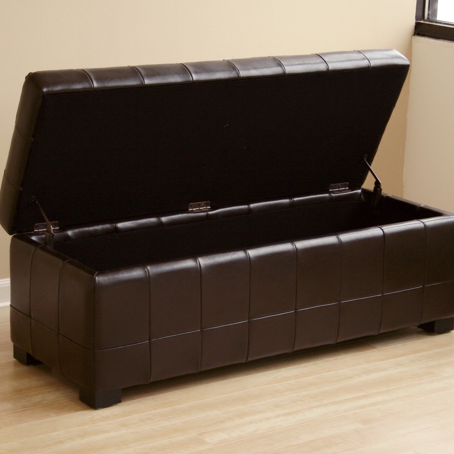 Dark Brown Faux Storage Bench & Button Tufted Ottoman
