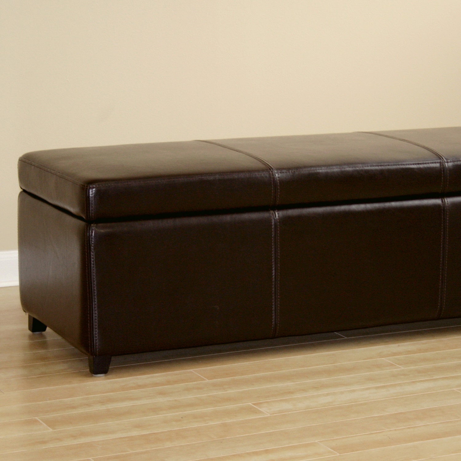 Dark Brown Faux Leather Storage Bench Ottoman with Stitching