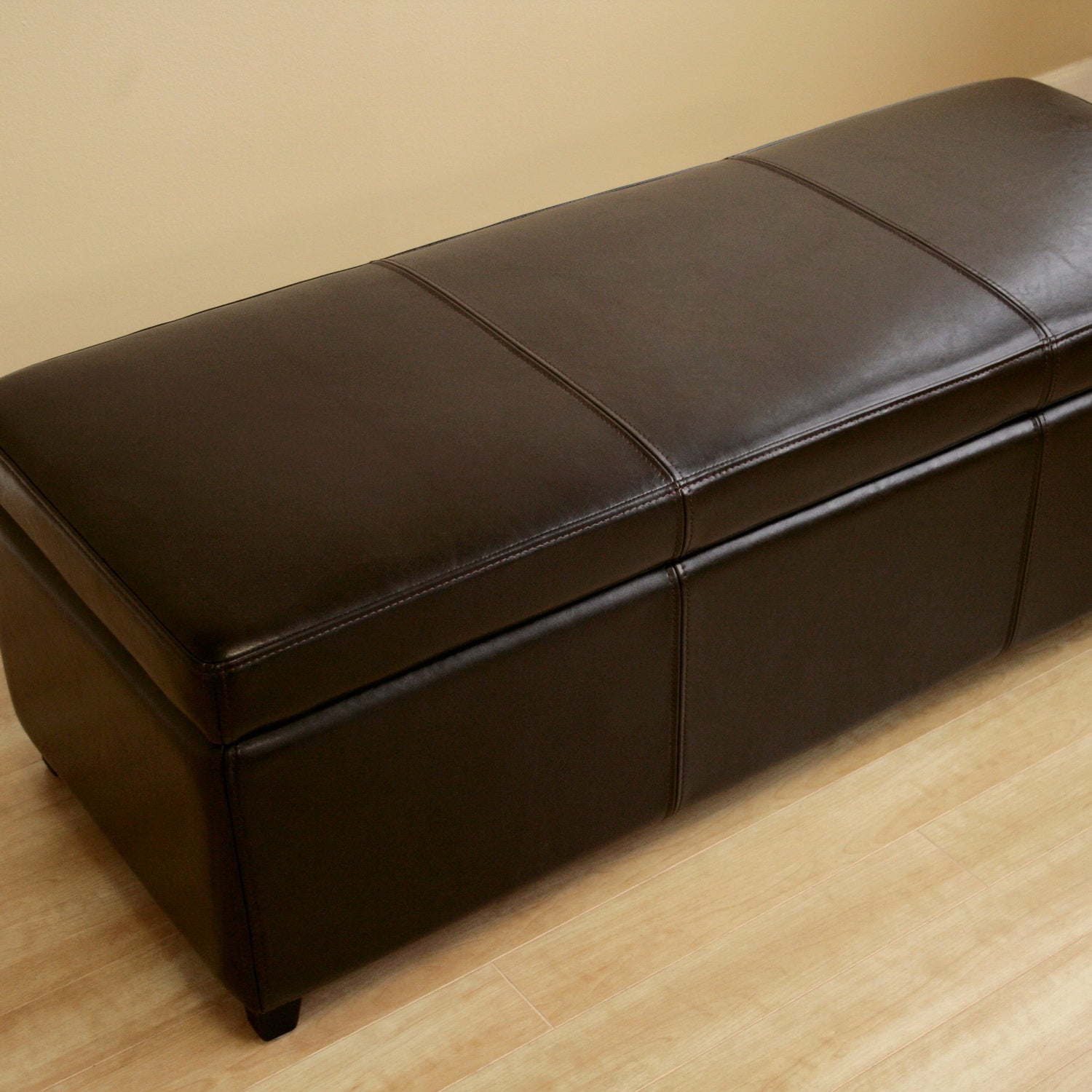 Dark Brown Faux Leather Storage Bench Ottoman with Stitching