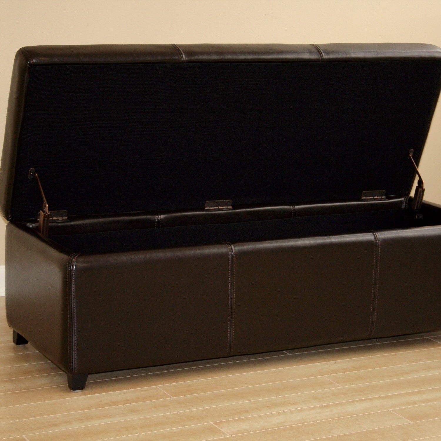 Dark Brown Faux Leather Storage Bench Ottoman with Stitching