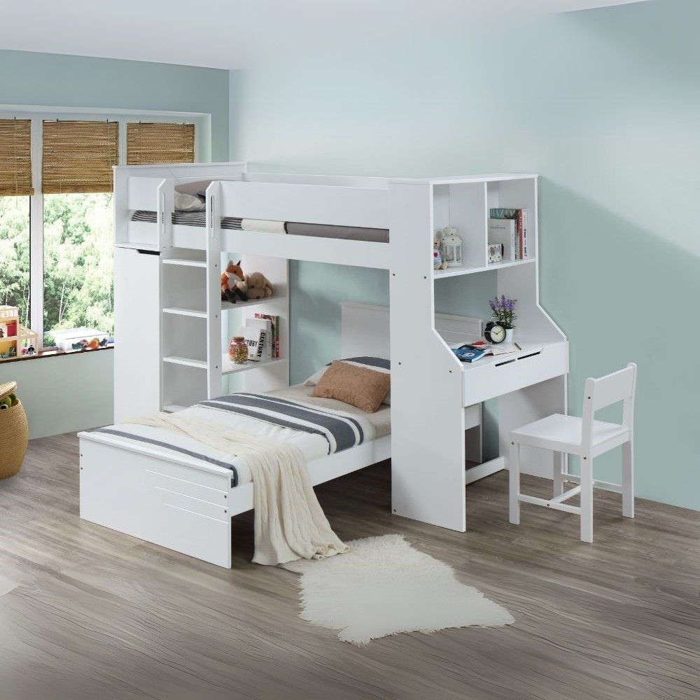 Wardrobe Ragna Twin Loft Bed White – Space-Saving Bed with Desk