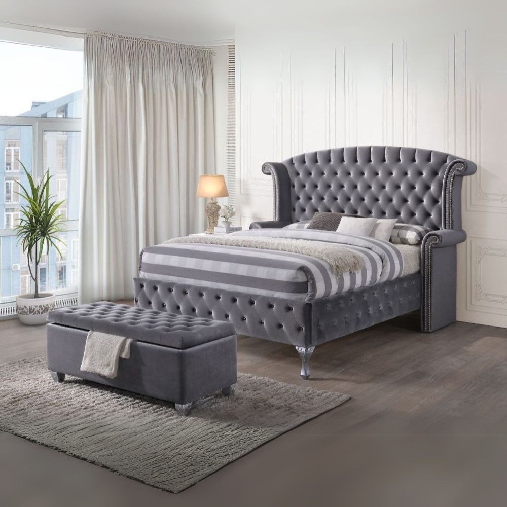 Relic Rebekah Queen Gray Velvet Upholstered Bed – Glam Style with Channel Tufted Headboard