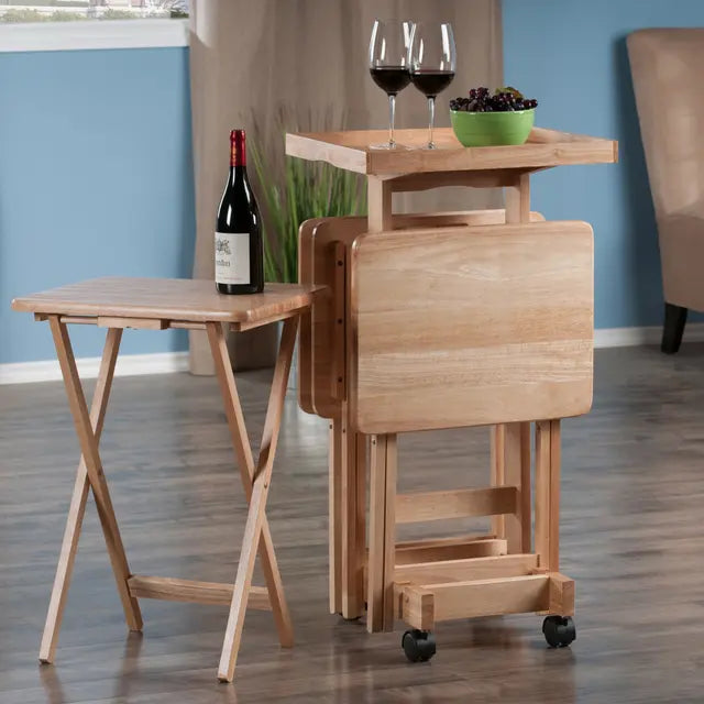 Isabelle Set of 4 Snack Tables with Mobile Stand and Removable Tray, Natural