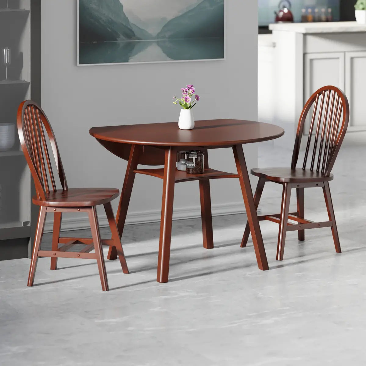 Marbelle 3-Pc Drop Leaf Dining Table with 2 Windsor Chairs, Walnut