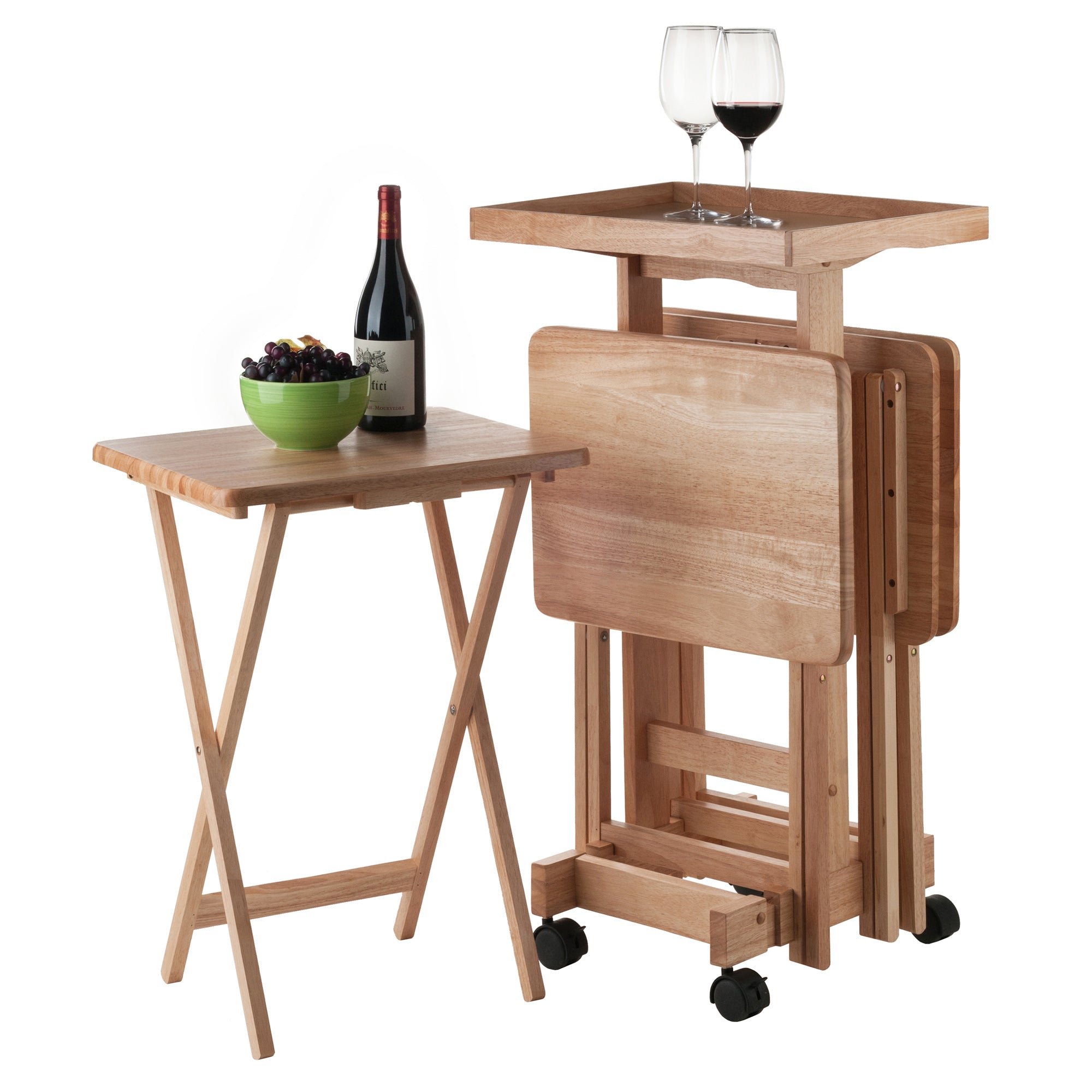 Isabelle Set of 4 Snack Tables with Mobile Stand and Removable Tray, Natural
