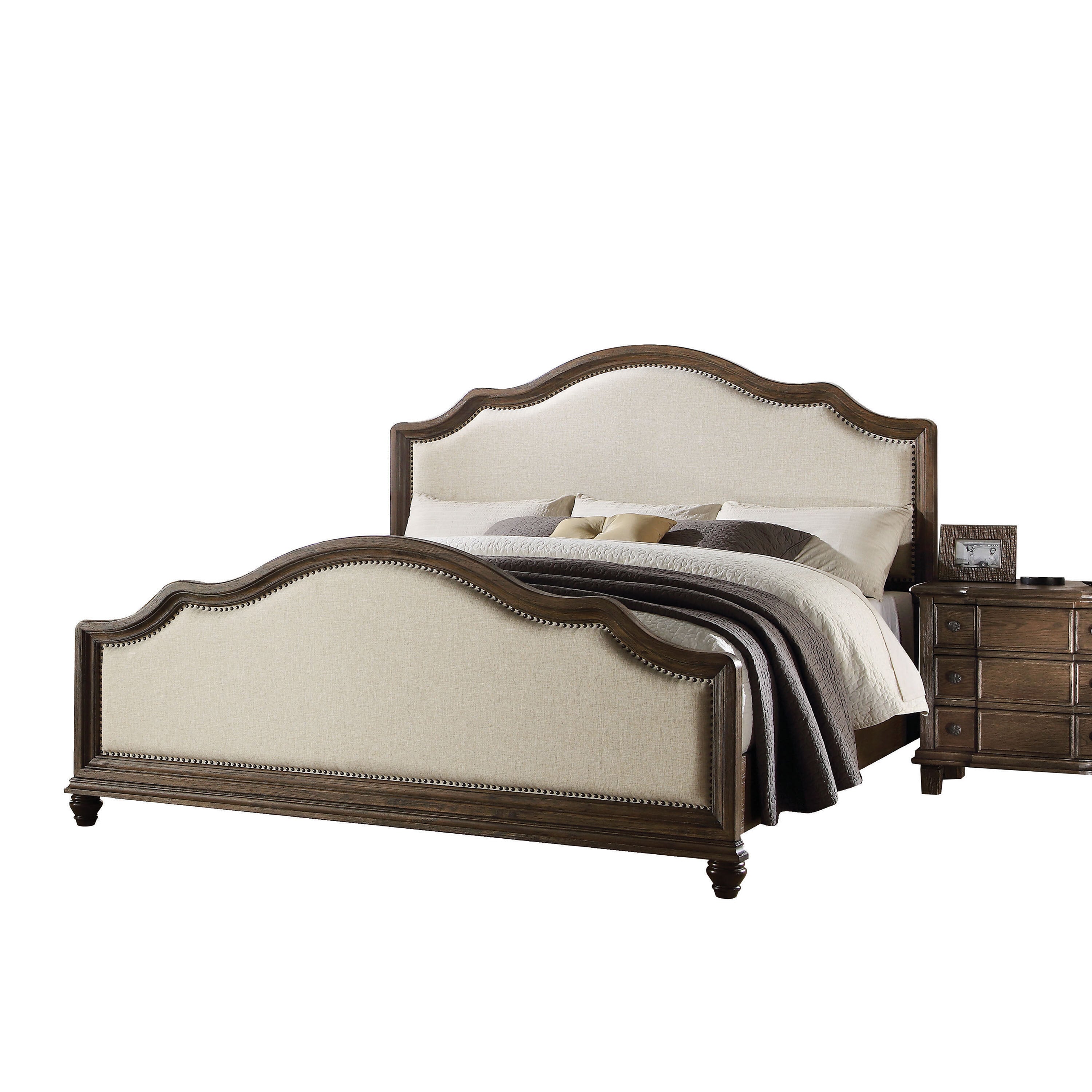 Brooke Baudouin Queen Beige Linen Upholstered Platform Bed – Transitional Weathered Oak Frame
