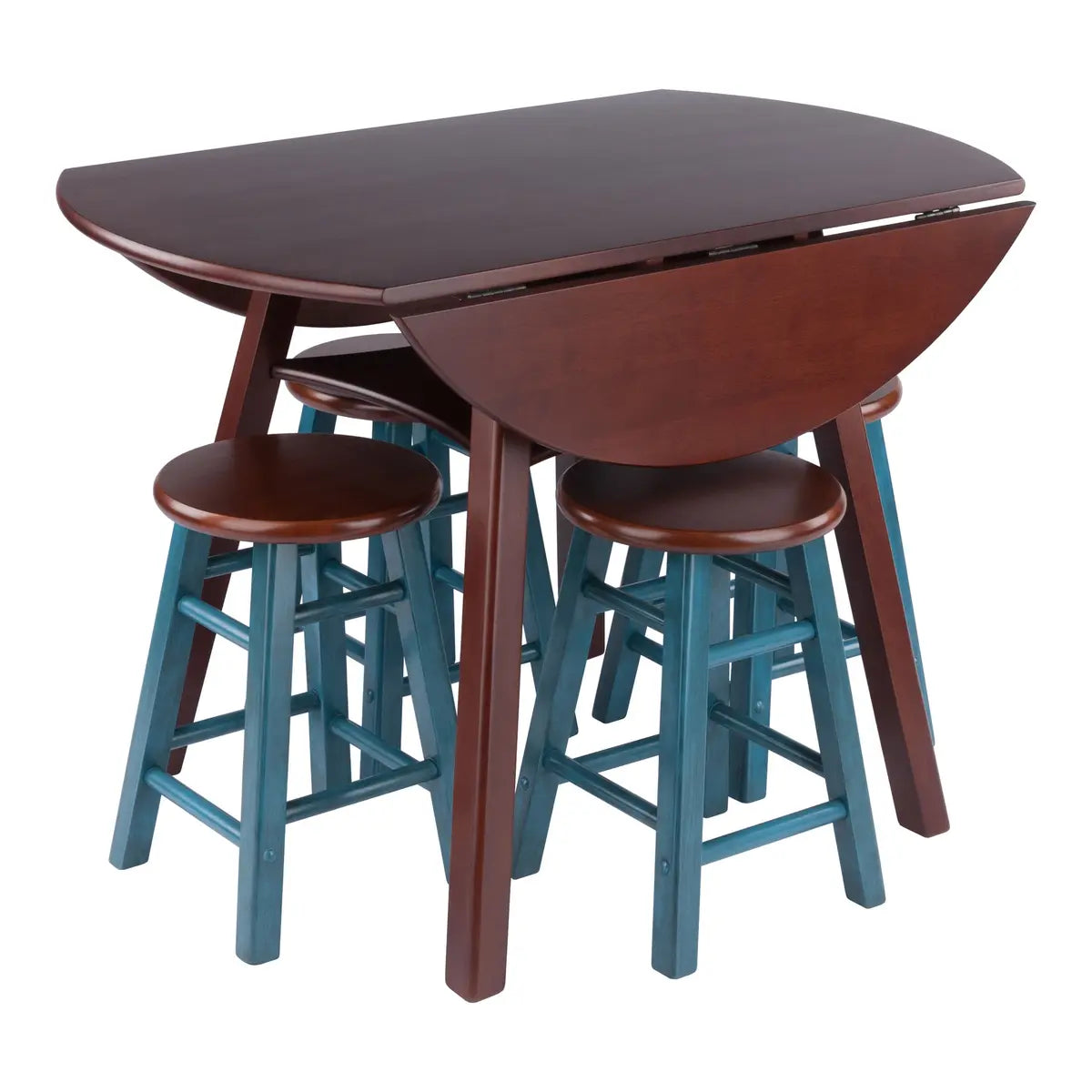 Marbelle Table 5-Pc Drop Leaf Dining Table, Walnut Finish, with 4 Element 18” Dining Stools, Walnut Rustic Teal Finish