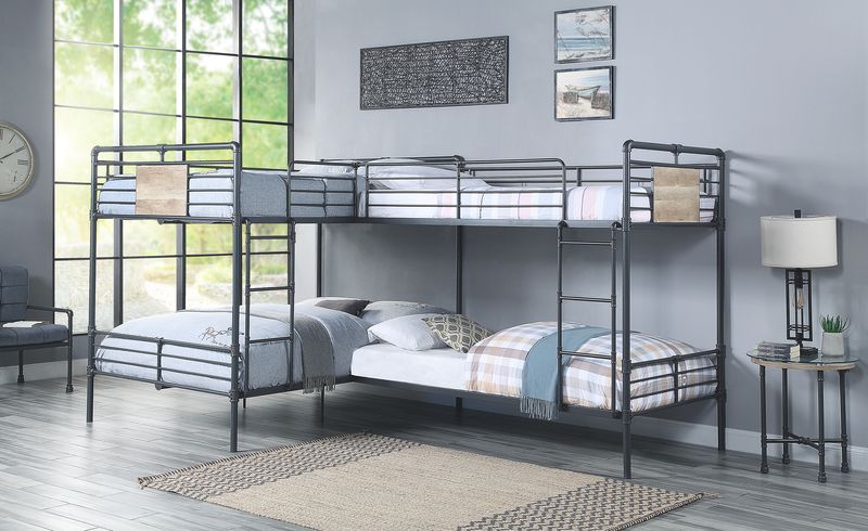 Alden Cordelia L-Shaped Bunk Bed T/T/F/F Sandy Black Metal Industrial Hand-Brushed Finish