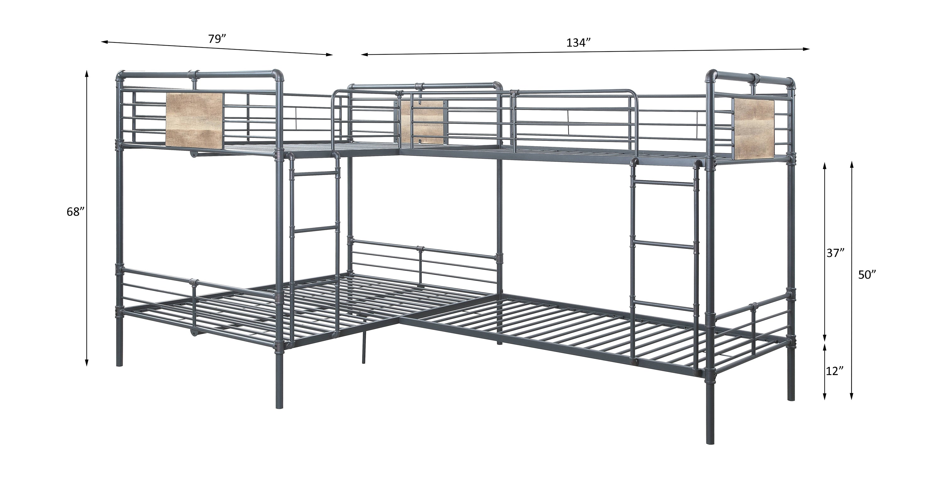 Alden Cordelia L-Shaped Bunk Bed T/T/F/F Sandy Black Metal Industrial Hand-Brushed Finish