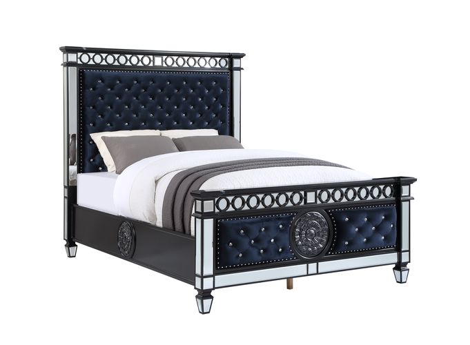 Klara Varian II Queen Dark Navy Velvet Bed – Mirrored Trim & Silver Accents