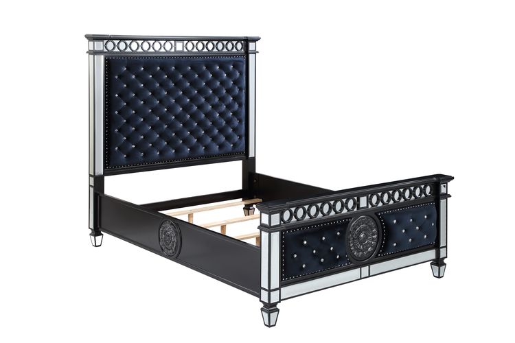 Klara Varian II Queen Dark Navy Velvet Bed – Mirrored Trim & Silver Accents
