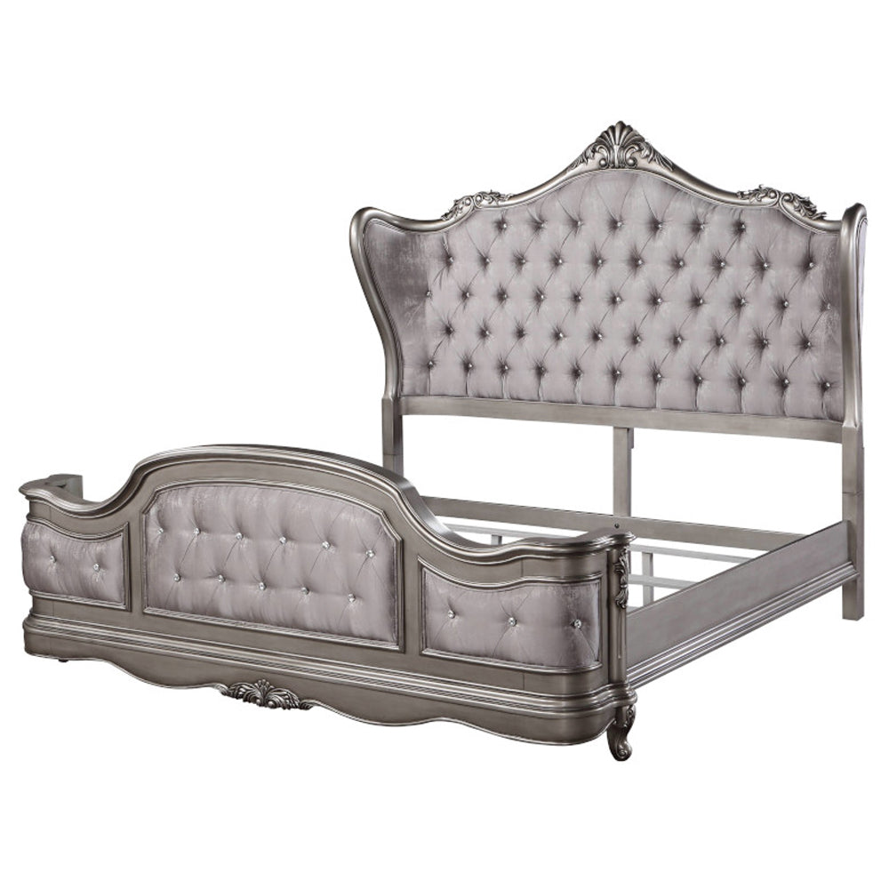 Ludhiana Ariadne CK Antique Platinum Velvet Upholstered Bed – Vintage Rococo Design with Crystal Tufting