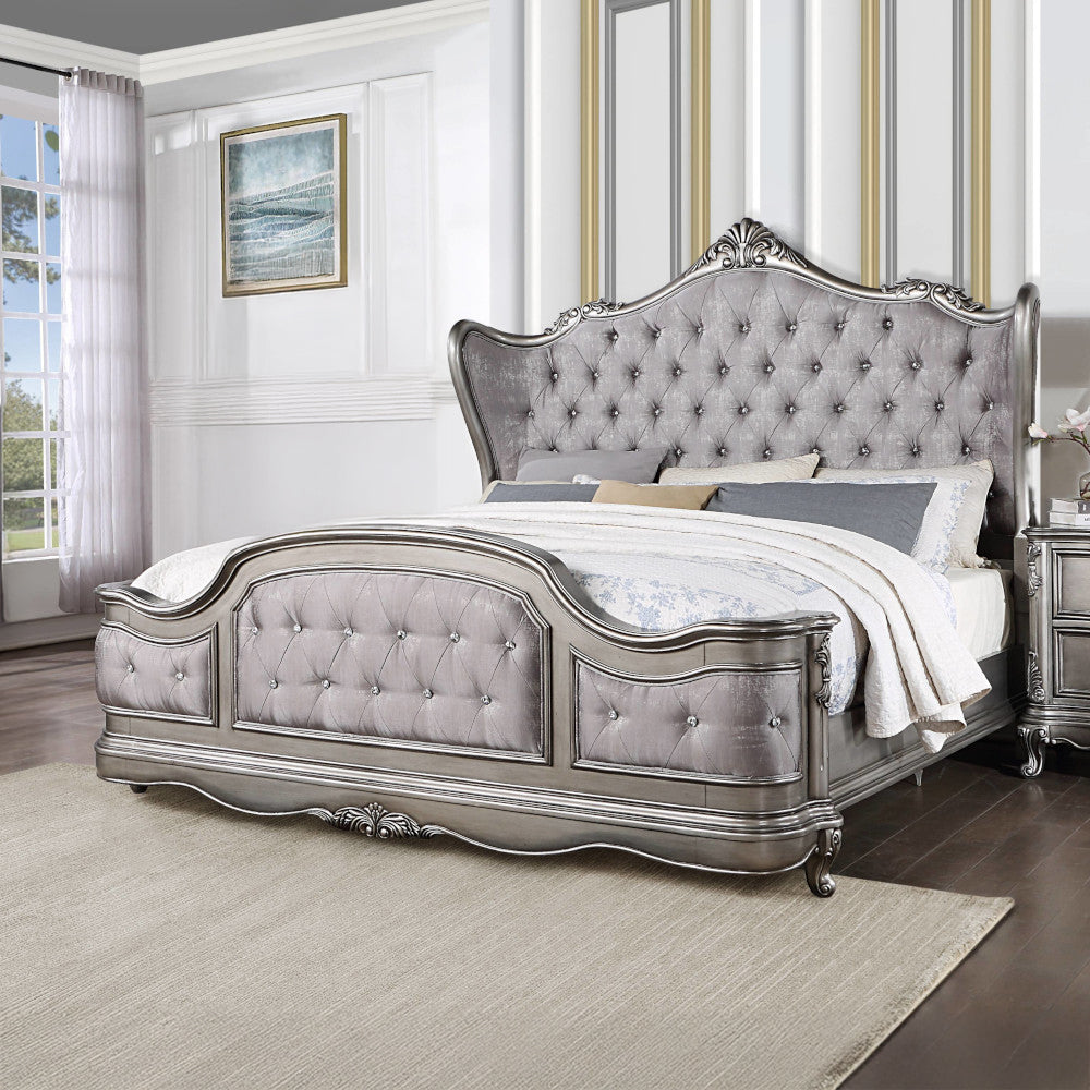 Ariadne Eastern King Bed, Velvet & Antique Platinum Finish