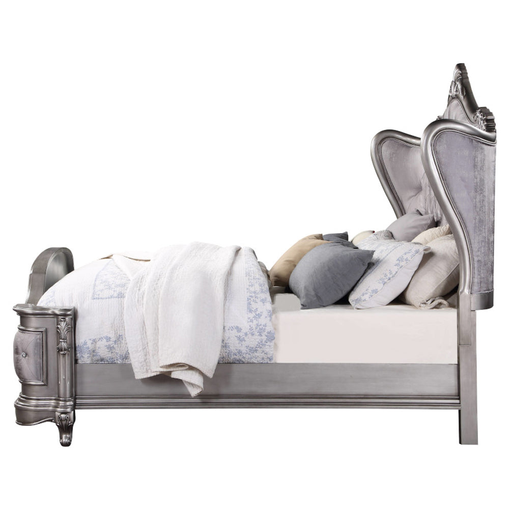 Scalera Queen Antique Platinum Velvet Platform Bed – Rococo Style Crystal Button Tufted Headboard